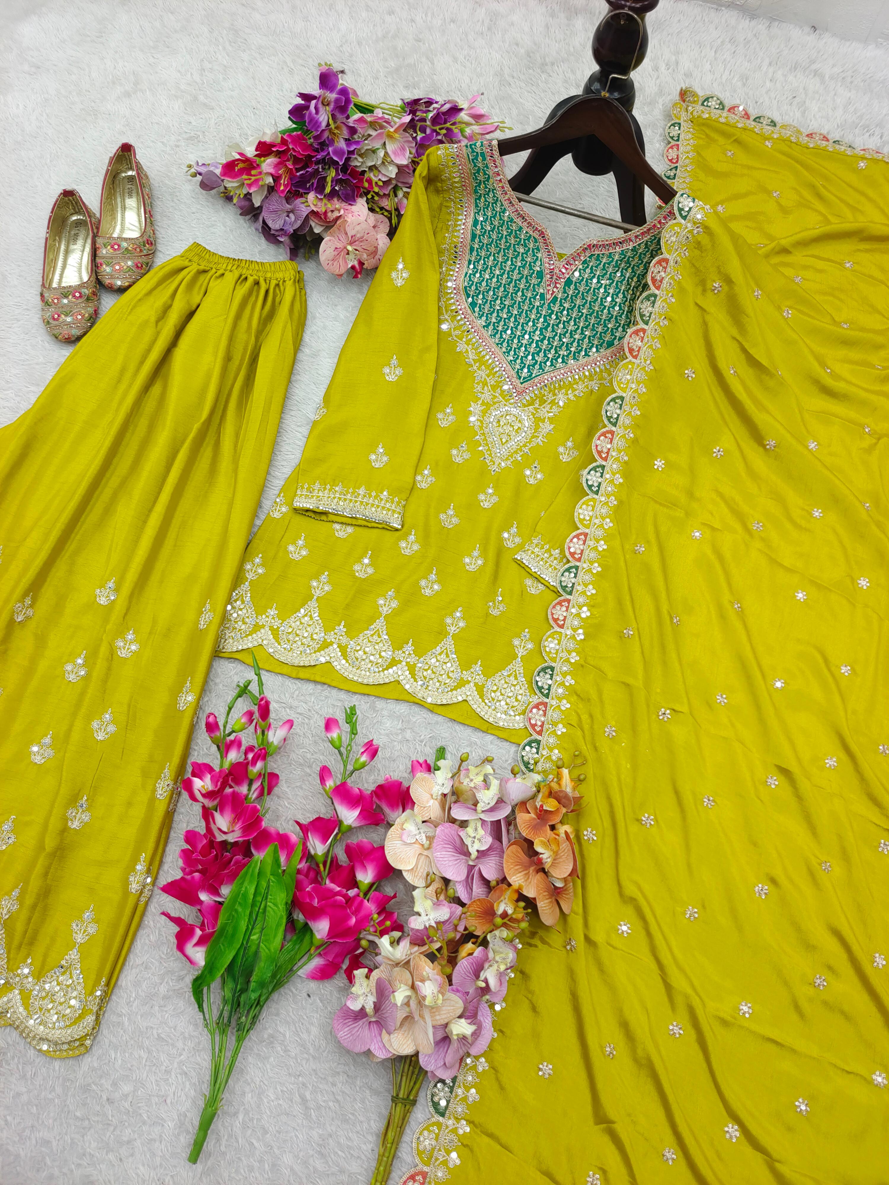 Designer Chinon Silk Party Sharara Suit Set Designer Chinon Silk Party Sharara Suit Set