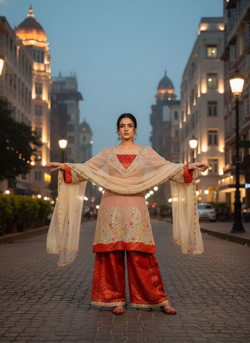 Pure Tissue Kurti Plazzo Set with Embroidered Dupatta Pure Tissue Kurti Plazzo Set with Embroidered Dupatta