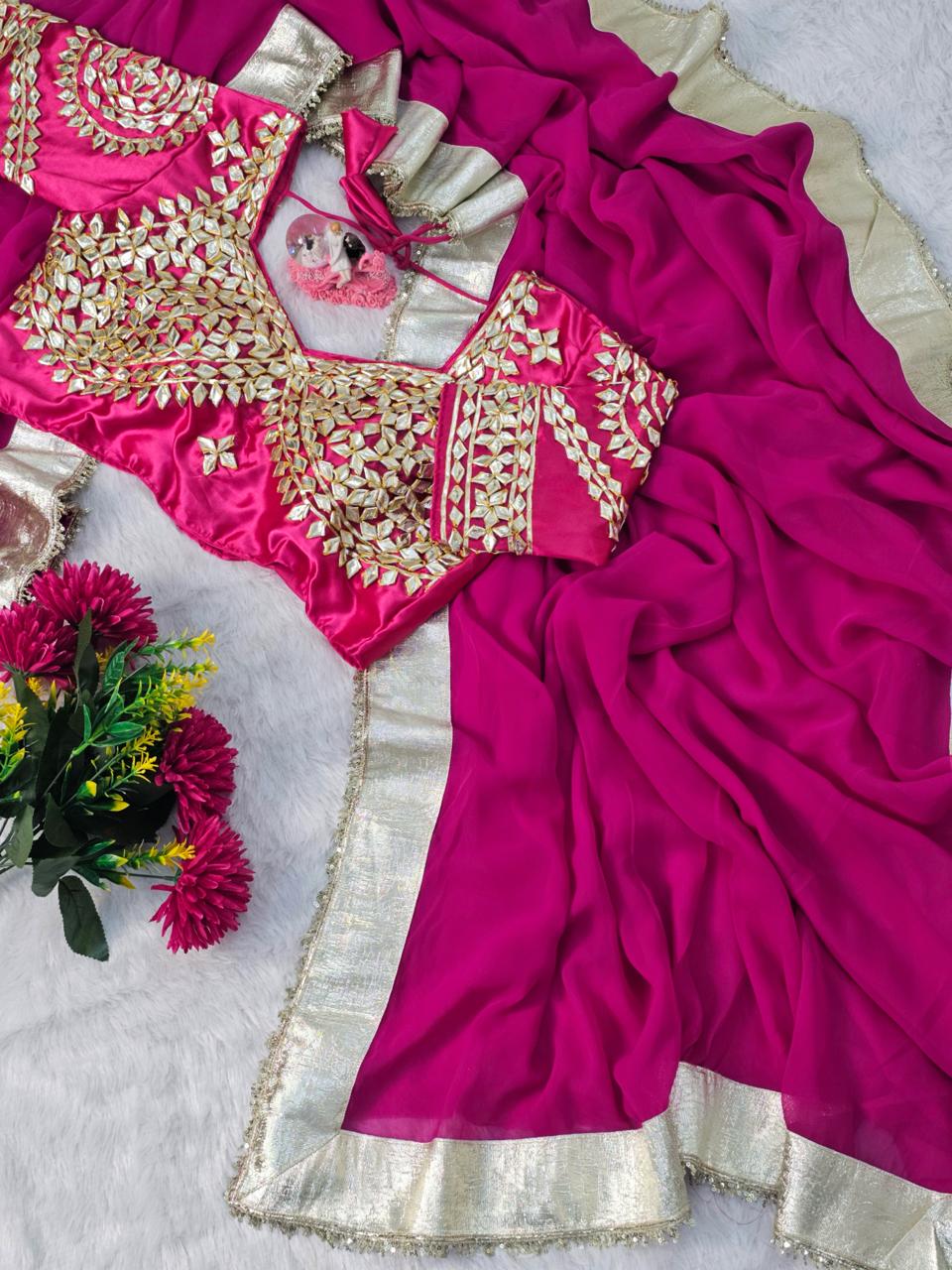 Premium Hand Charkhi Gotta Patti Saree with Stitched Blouse Premium Hand Charkhi Gotta Patti Saree with Stitched Blouse