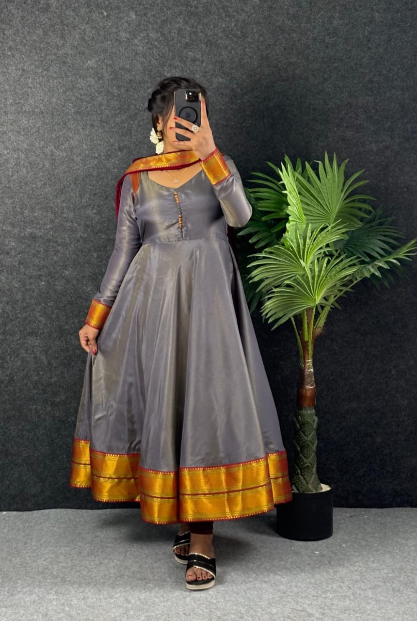 Amirtha Traditional Russian Silk Maxi Gown with Dupatta Amirtha Traditional Russian Silk Maxi Gown with Dupatta