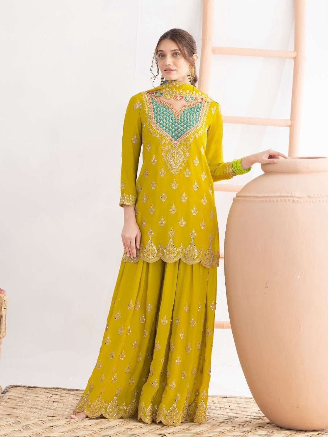 Designer Chinon Silk Party Sharara Suit Set Designer Chinon Silk Party Sharara Suit Set