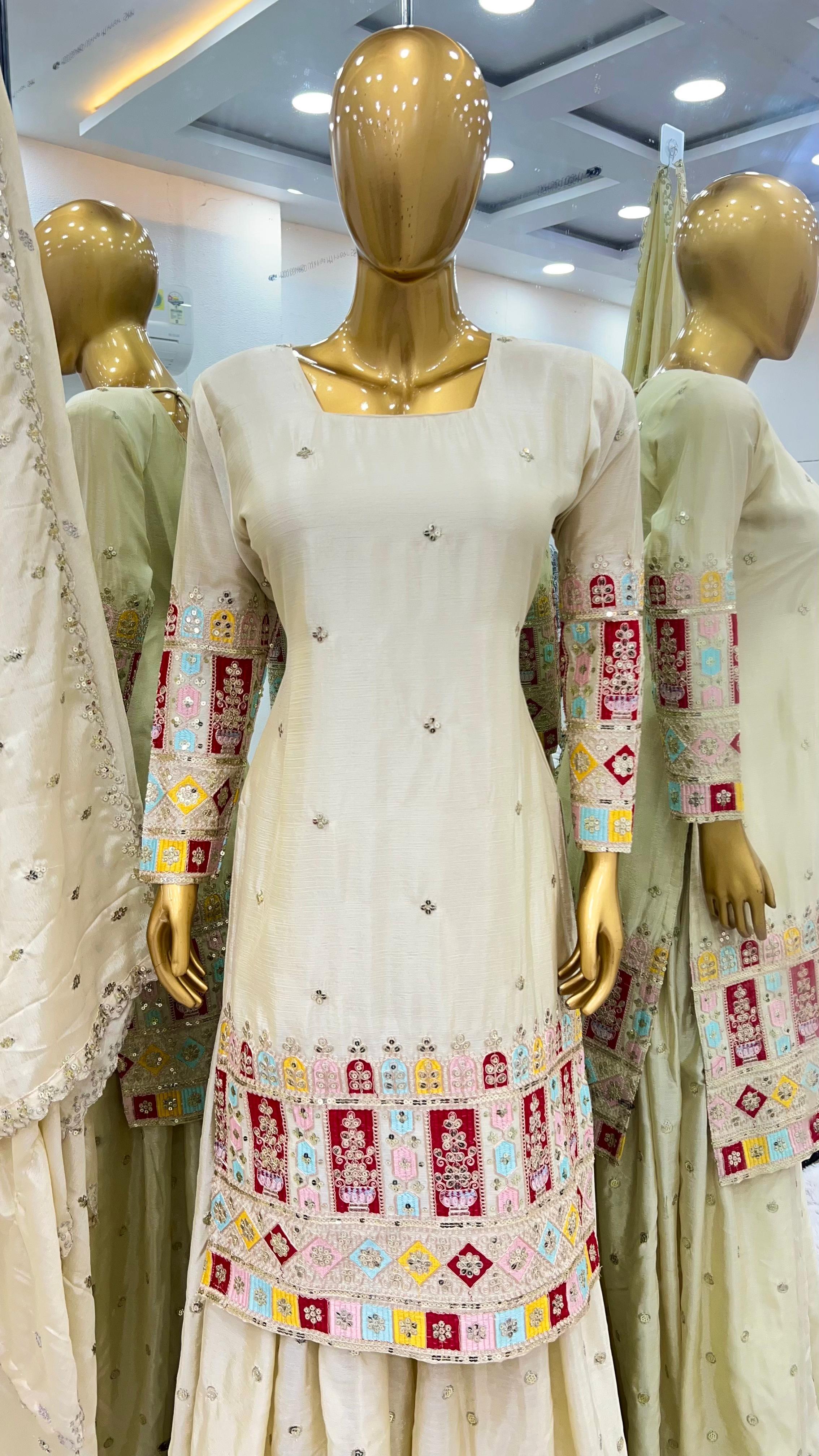 Heavy Embroidery Chinon Silk Top Gharara Dupatta Set Heavy Embroidery Chinon Silk Top Gharara Dupatta Set