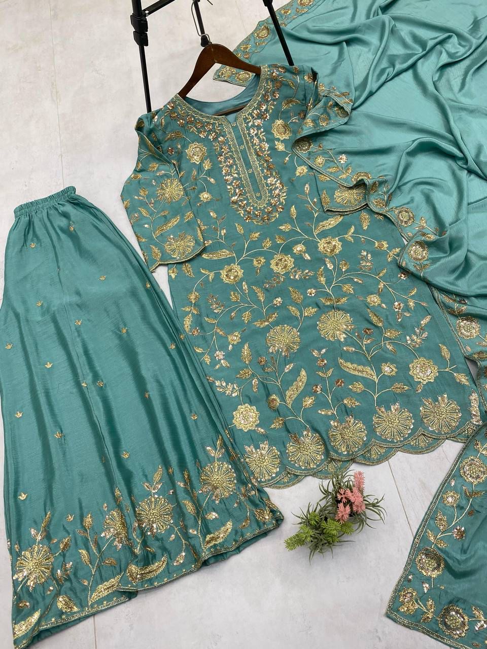 Sequence Embroidered Chinon Top Plazzo Set with Dupatta Sequence Embroidered Chinon Top Plazzo Set with Dupatta