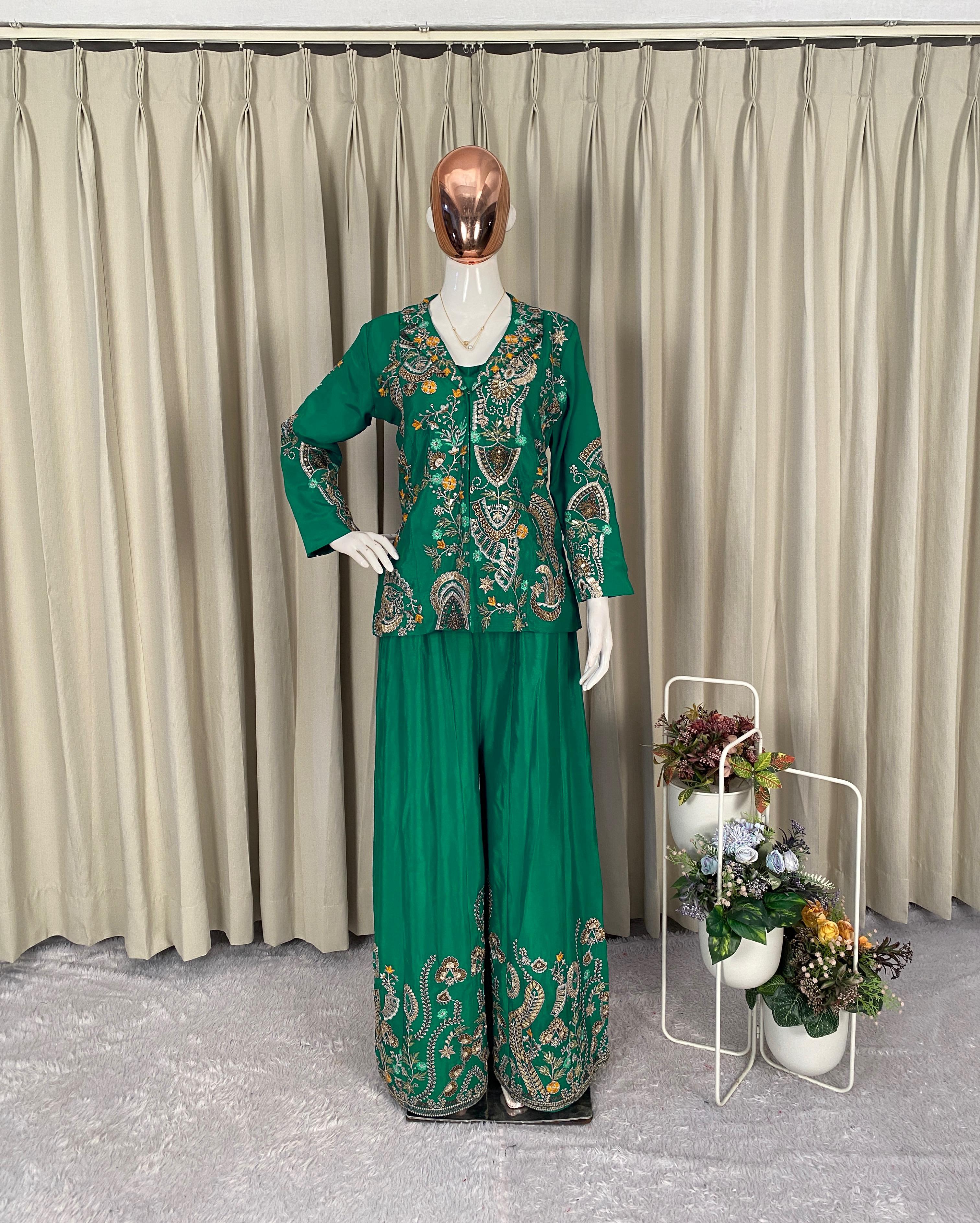 Designer Chinon 3-Piece Plazzo Set with Sequence Embroidery Designer Chinon 3-Piece Plazzo Set with Sequence Embroidery