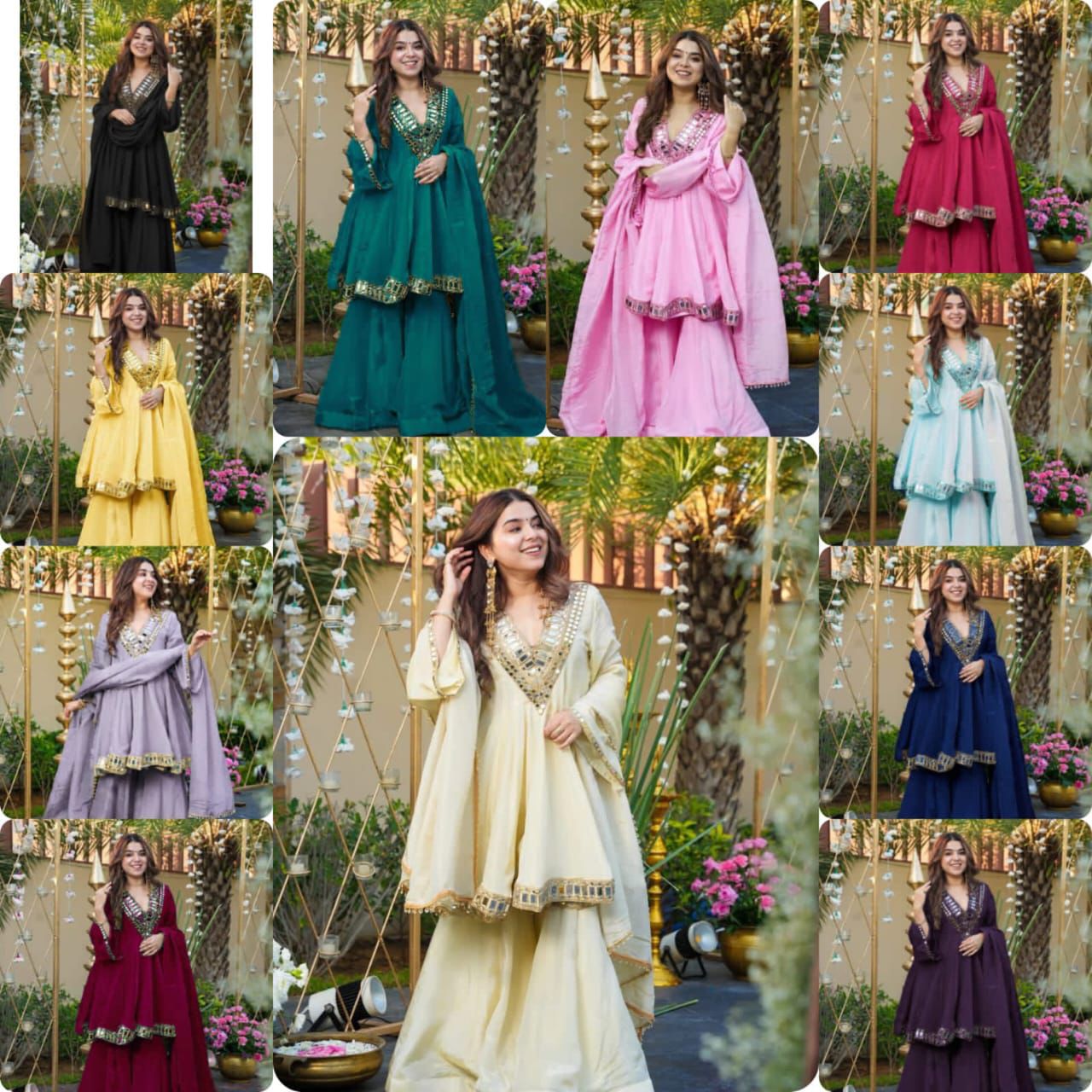 Designer Chinon Silk Peplum Dress with Gharara & Dupatta Designer Chinon Silk Peplum Dress with Gharara & Dupatta