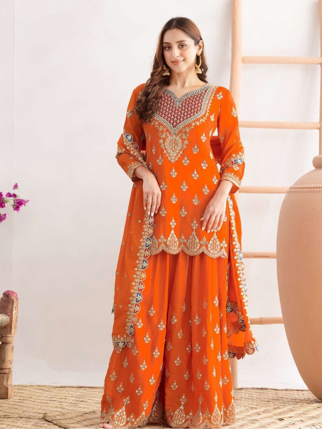 Designer Chinon Silk Party Sharara Suit Set Designer Chinon Silk Party Sharara Suit Set