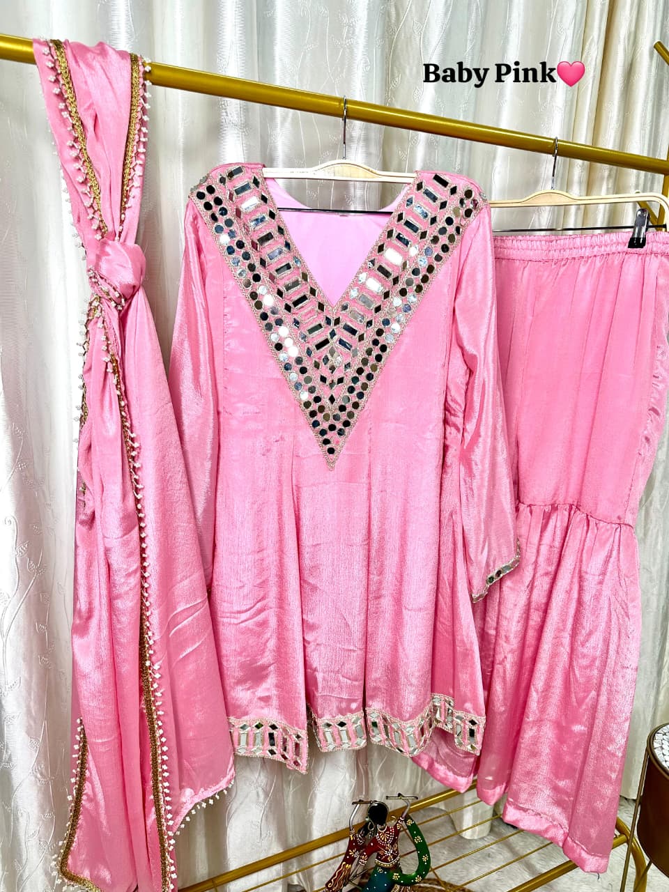 Designer Chinon Silk Peplum Dress with Gharara & Dupatta Designer Chinon Silk Peplum Dress with Gharara & Dupatta