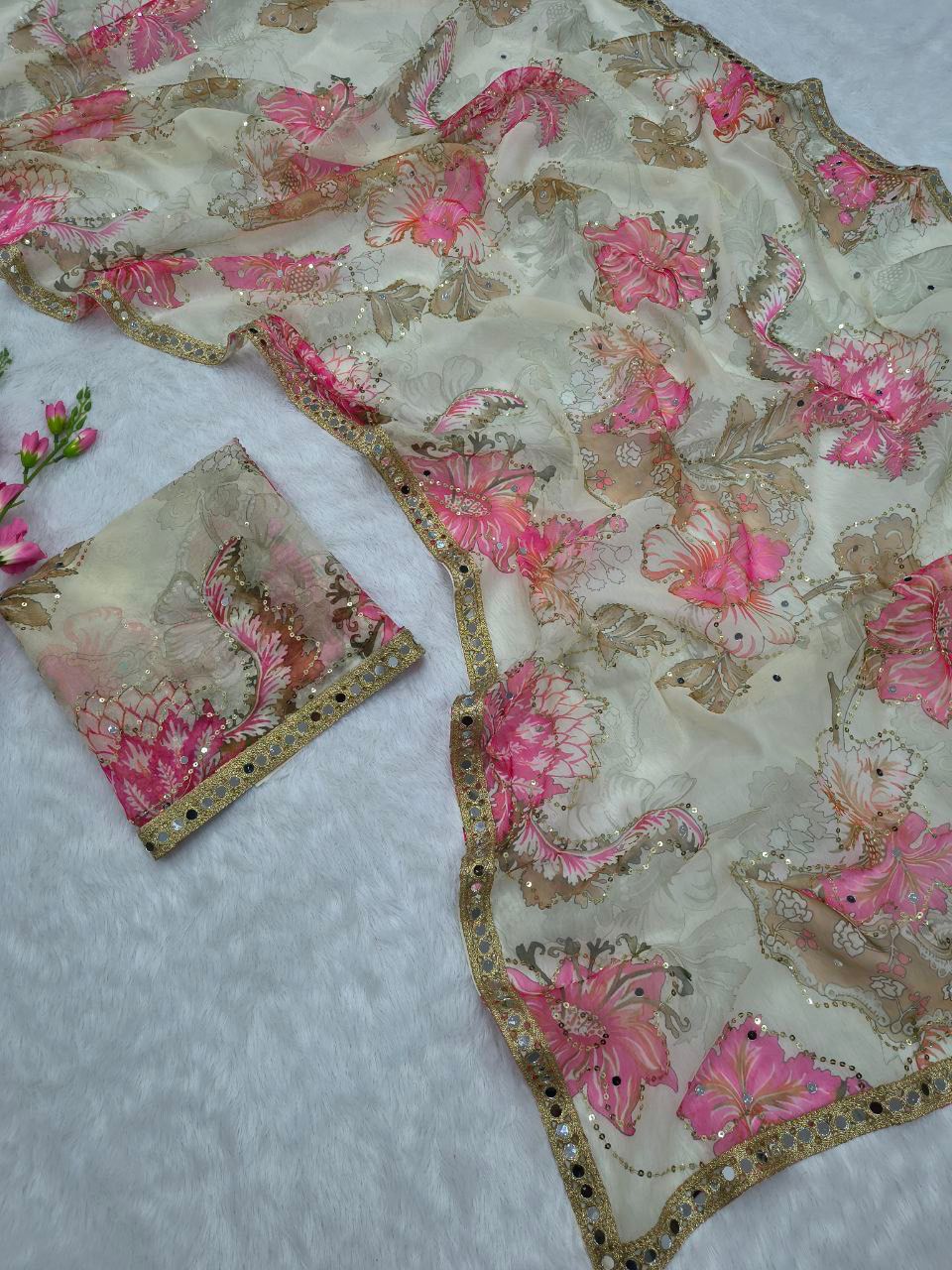 Premium Tabby Silk Printed Saree with Handwork & Real Mirror Lace Premium Tabby Silk Printed Saree with Handwork & Real Mirror Lace