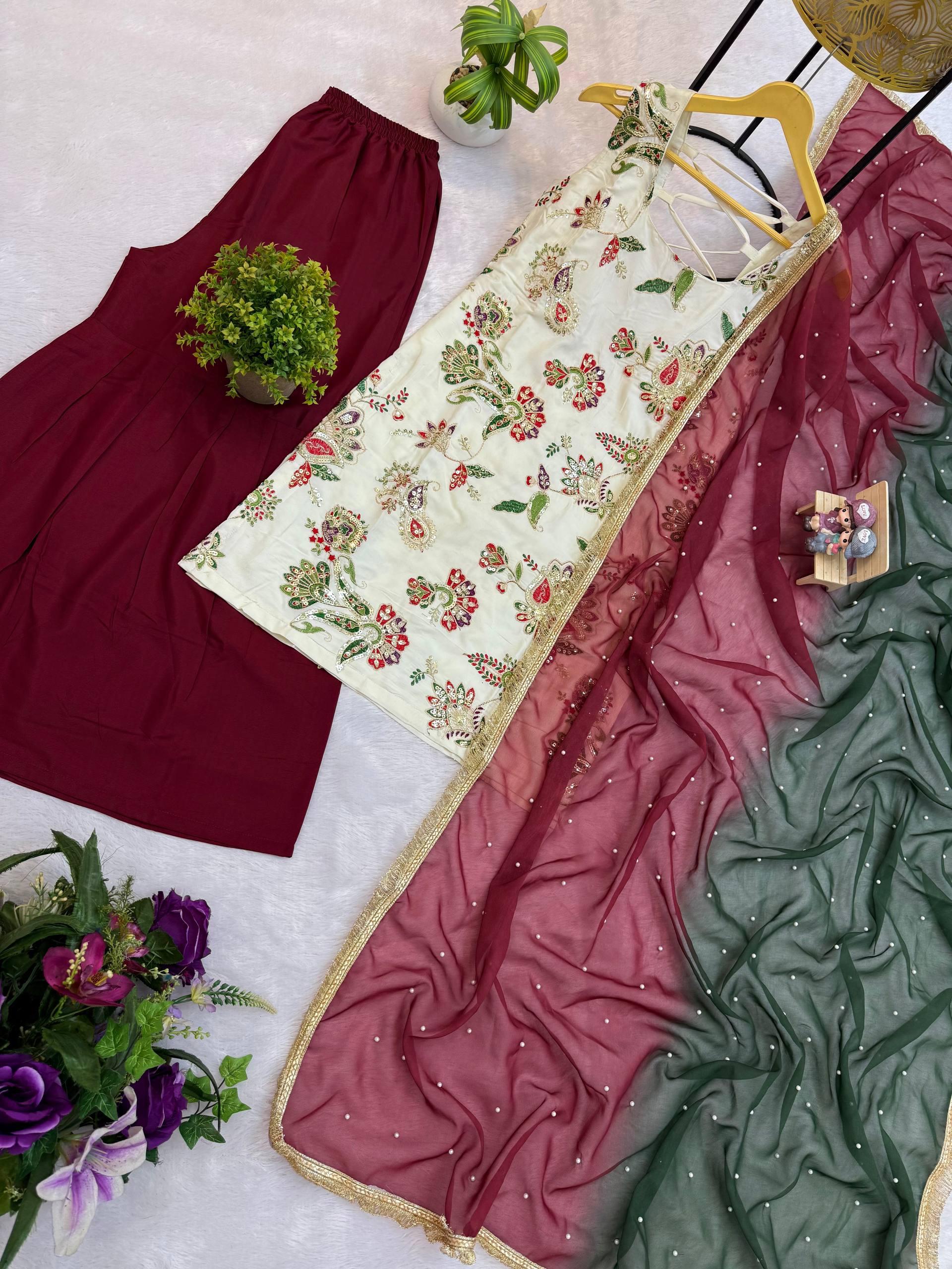 Natural Silk Embroidered Kurti Sharara Set with Dupatta Natural Silk Embroidered Kurti Sharara Set with Dupatta