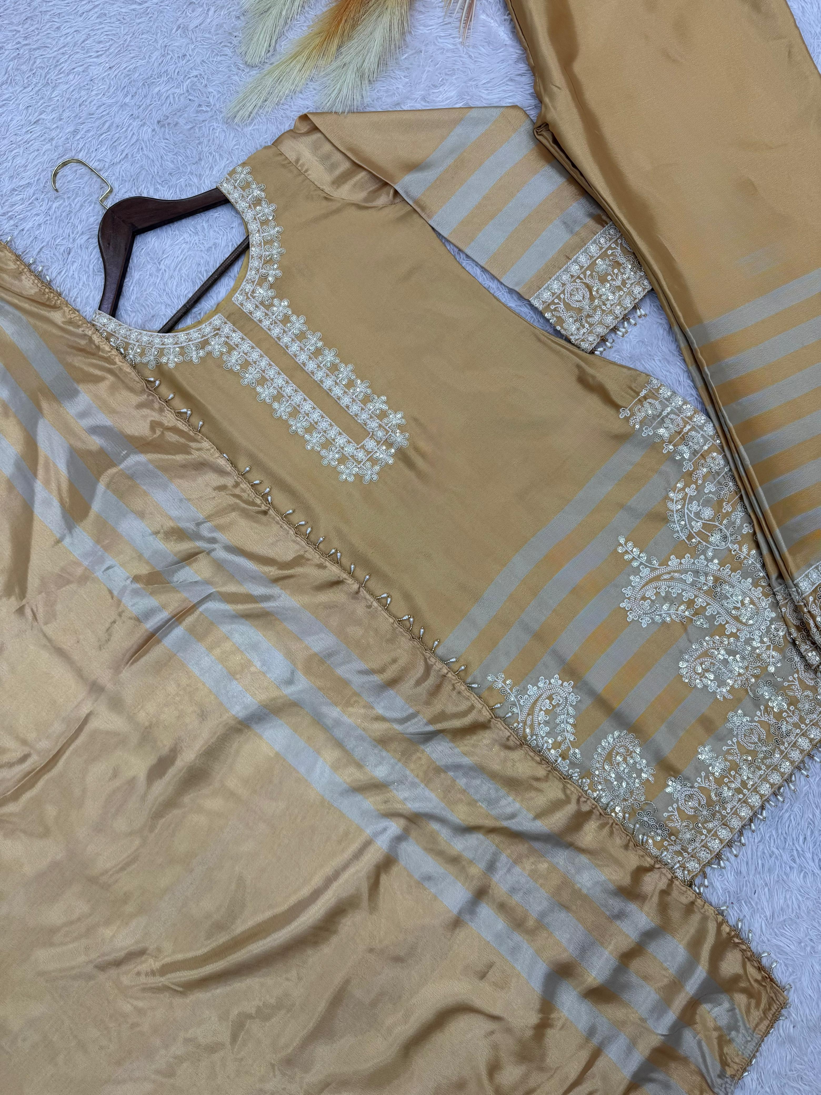Embroidered Chinon Silk Top Plazzo Set with Dupatta Embroidered Chinon Silk Top Plazzo Set with Dupatta