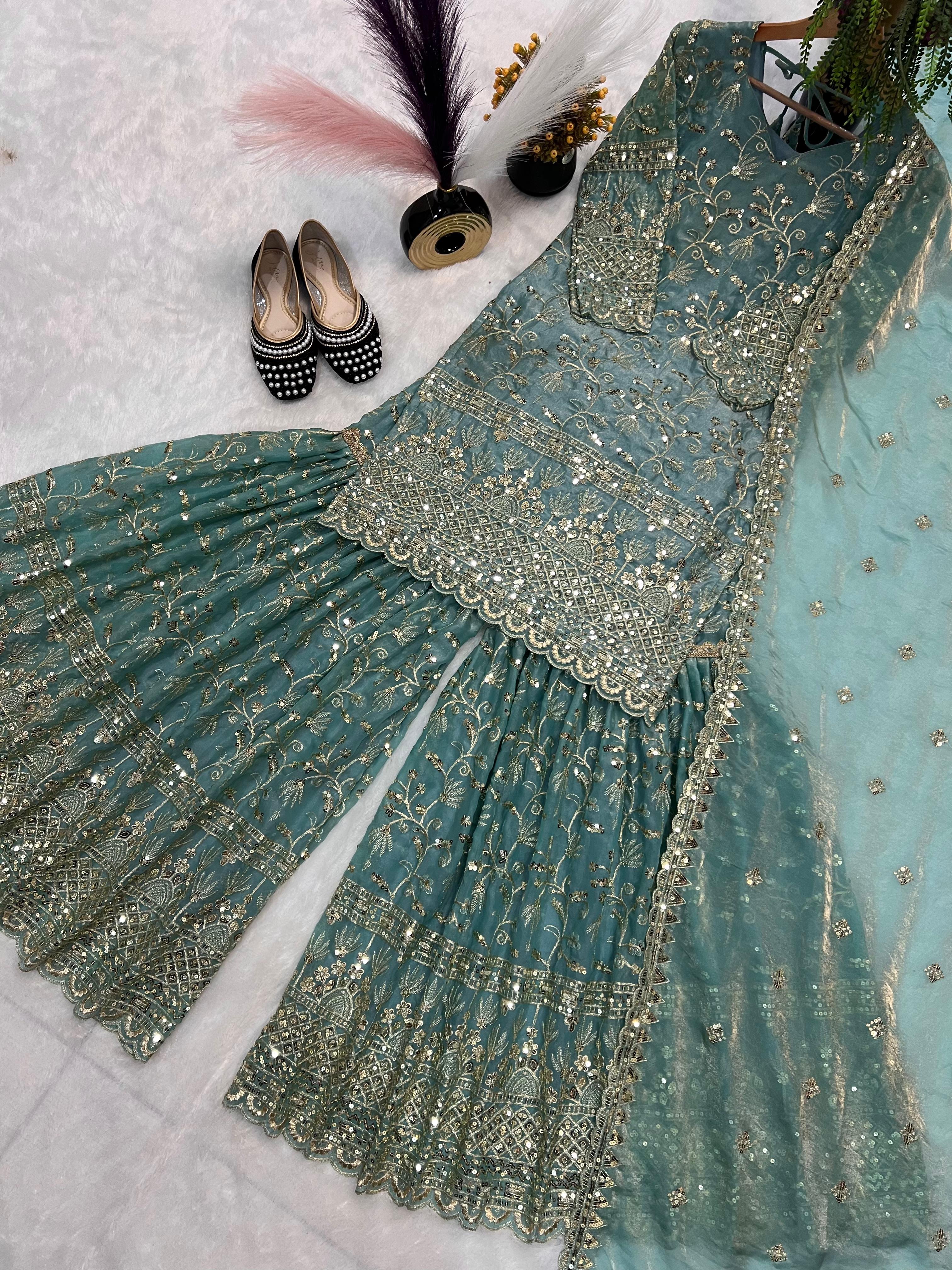 Designer Party Wear Top Sharara Palazzo Set with Dupatta Designer Party Wear Top Sharara Palazzo Set with Dupatta