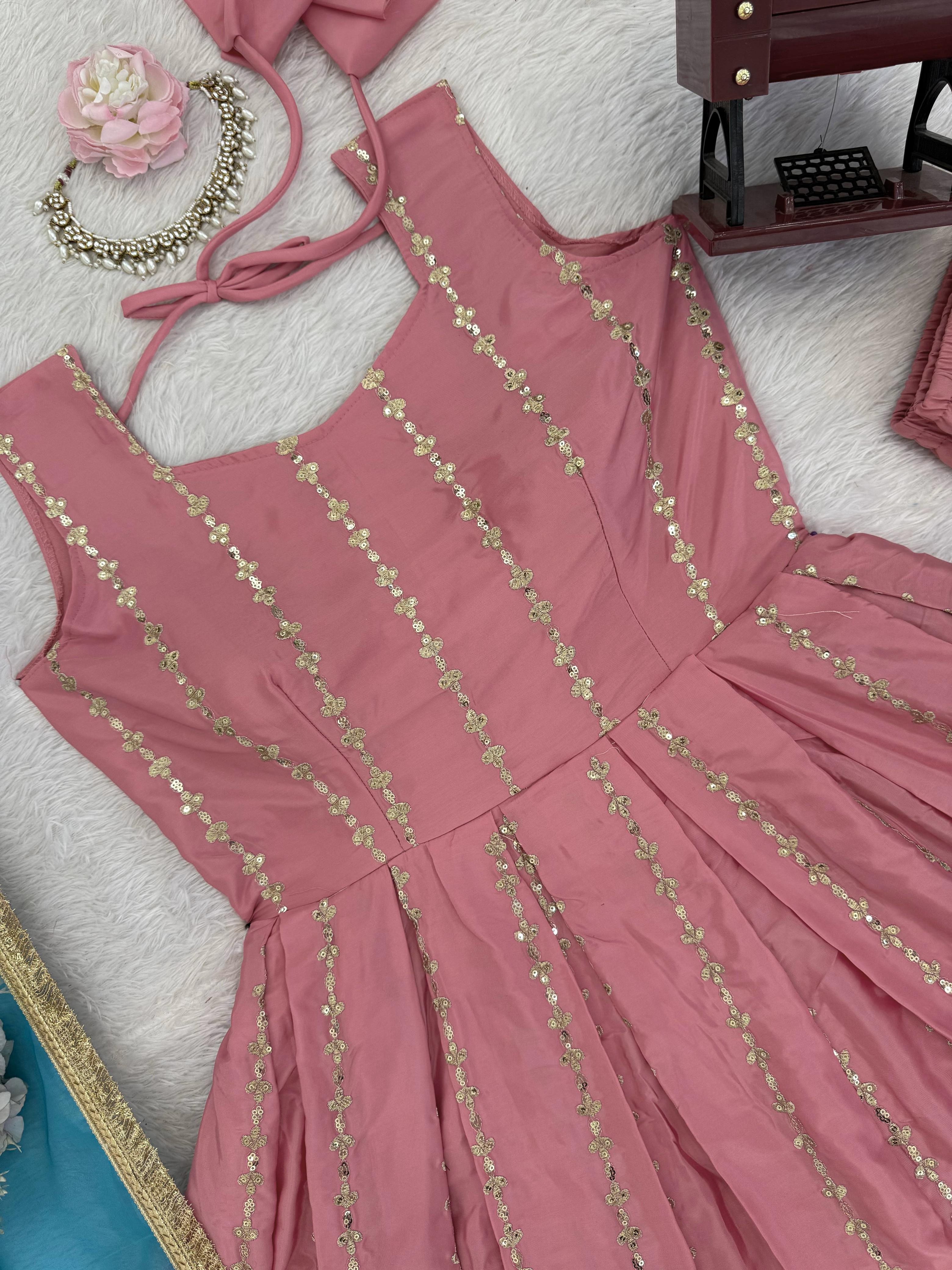 Chinon Silk Anarkali Gown with Organza Dupatta Chinon Silk Anarkali Gown with Organza Dupatta