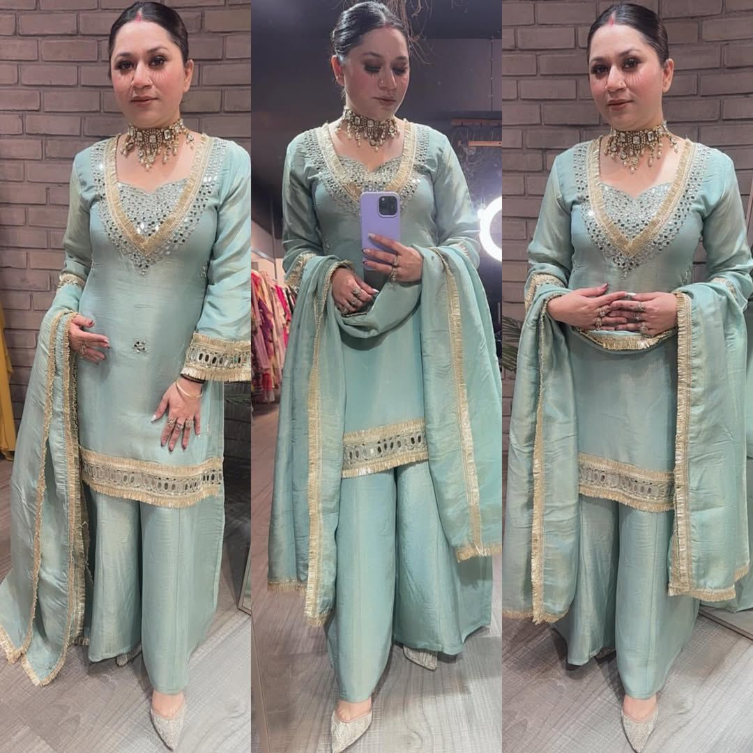 Exclusive 4-Piece Palazzo Set with Real Mirror Work Exclusive 4-Piece Palazzo Set with Real Mirror Work