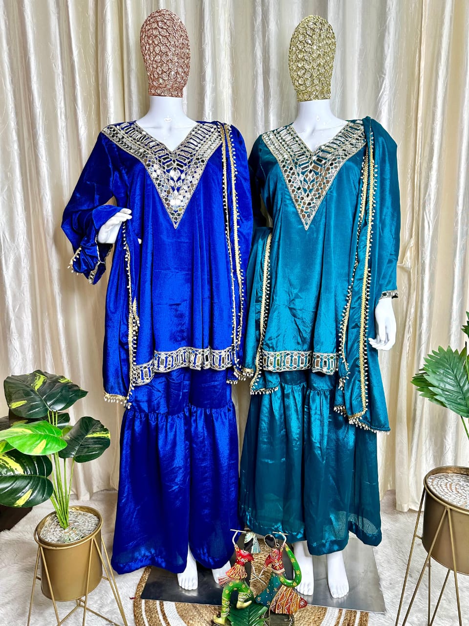 Designer Chinon Silk Peplum Dress with Gharara & Dupatta Designer Chinon Silk Peplum Dress with Gharara & Dupatta