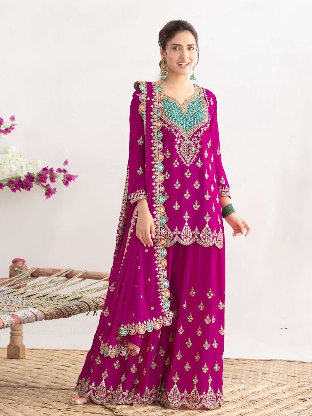 Designer Chinon Silk Party Sharara Suit Set Designer Chinon Silk Party Sharara Suit Set