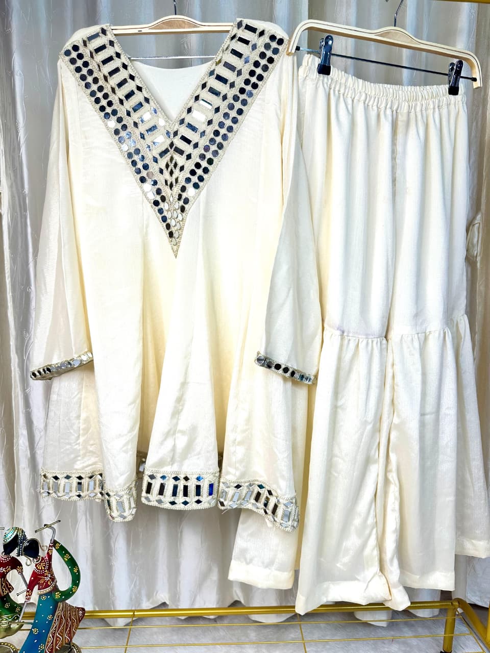 Designer Chinon Silk Peplum Dress with Gharara & Dupatta Designer Chinon Silk Peplum Dress with Gharara & Dupatta