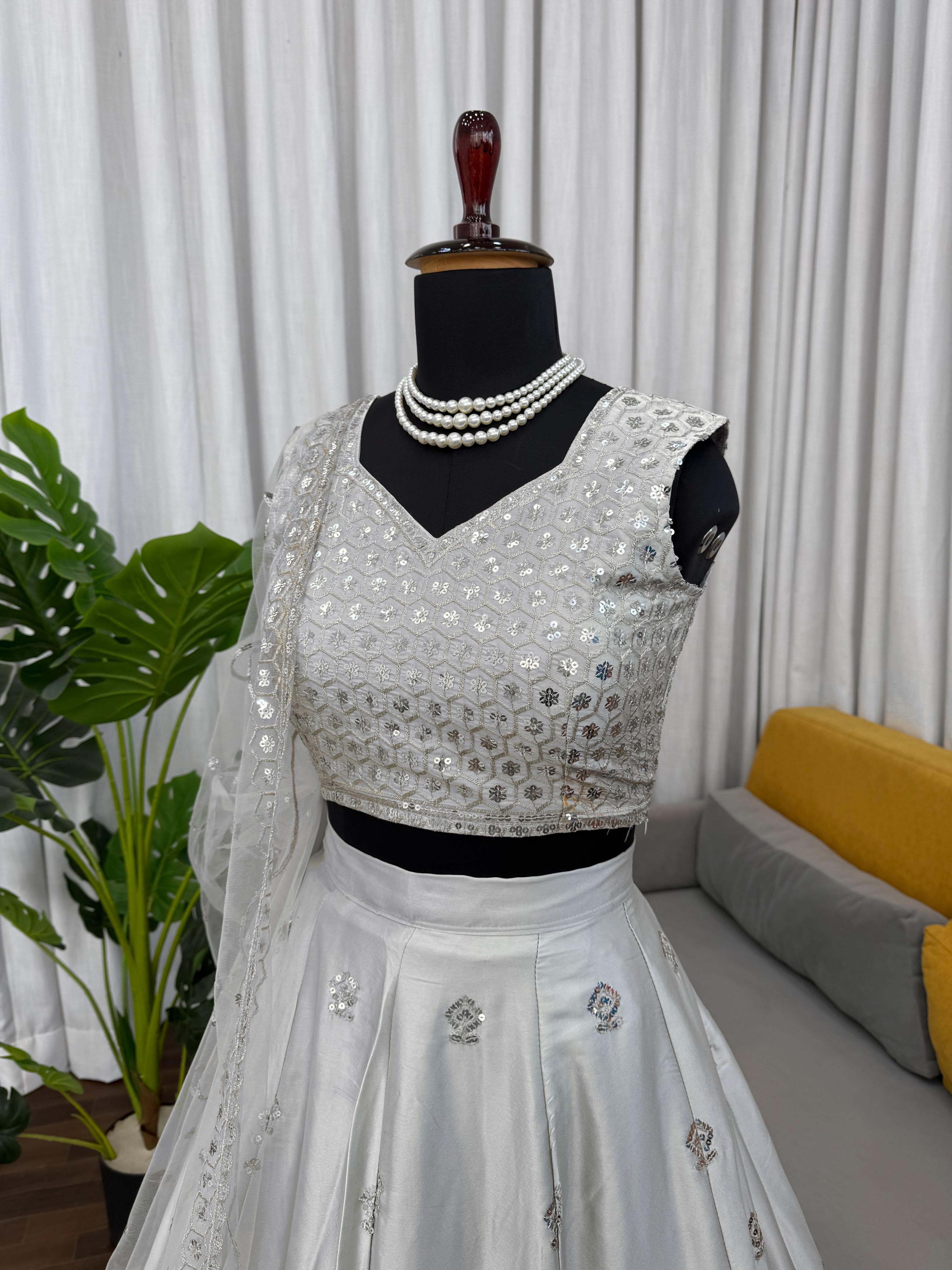 Designer Japan Satin Embroidered Lehenga Choli Set Designer Japan Satin Embroidered Lehenga Choli Set