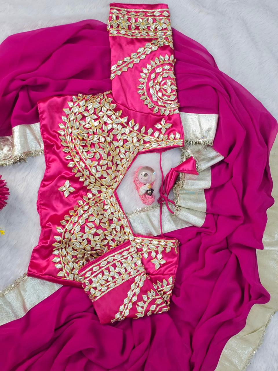 Premium Hand Charkhi Gotta Patti Saree with Stitched Blouse Premium Hand Charkhi Gotta Patti Saree with Stitched Blouse