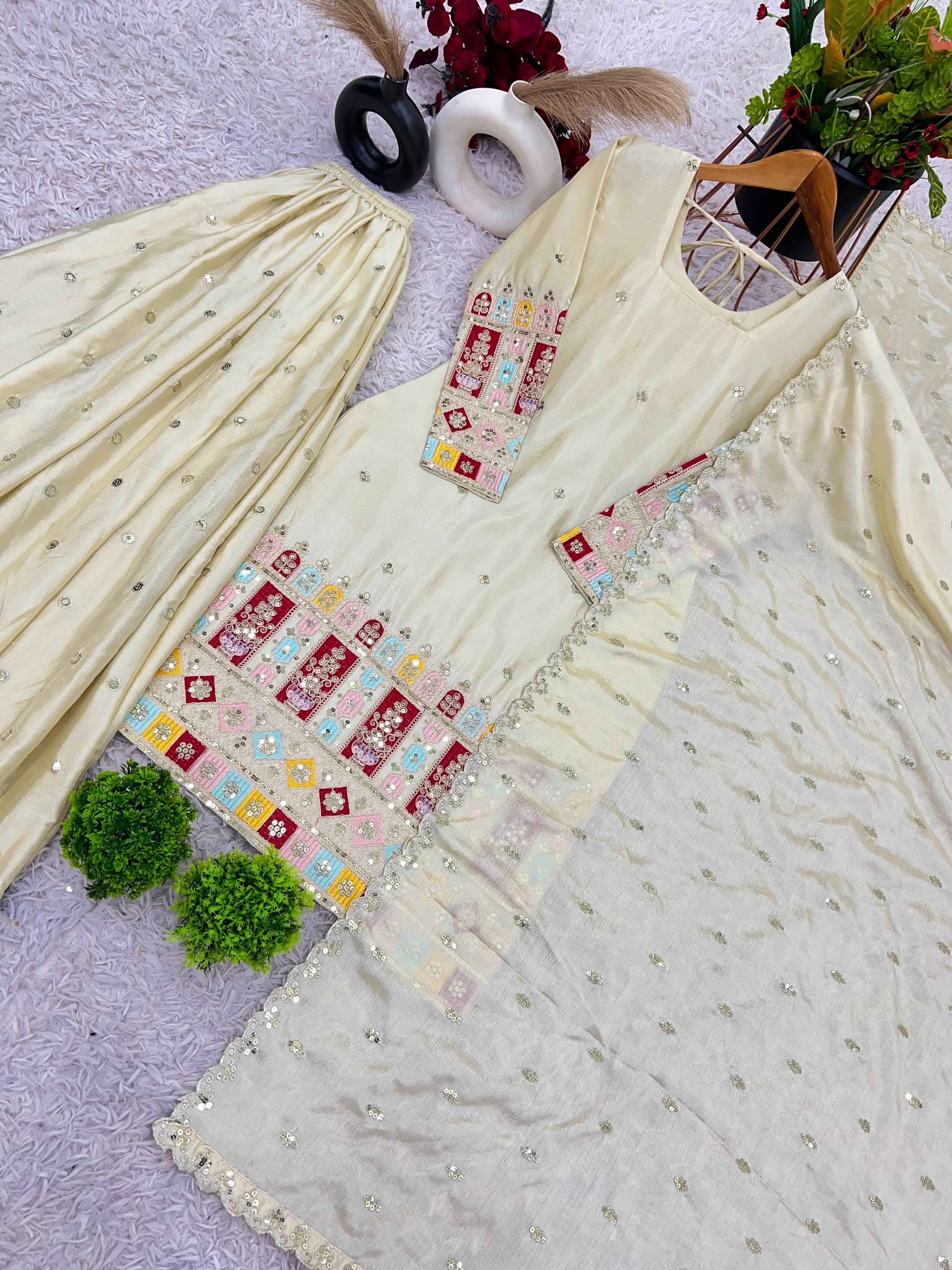 Heavy Embroidery Chinon Silk Top Gharara Dupatta Set Heavy Embroidery Chinon Silk Top Gharara Dupatta Set