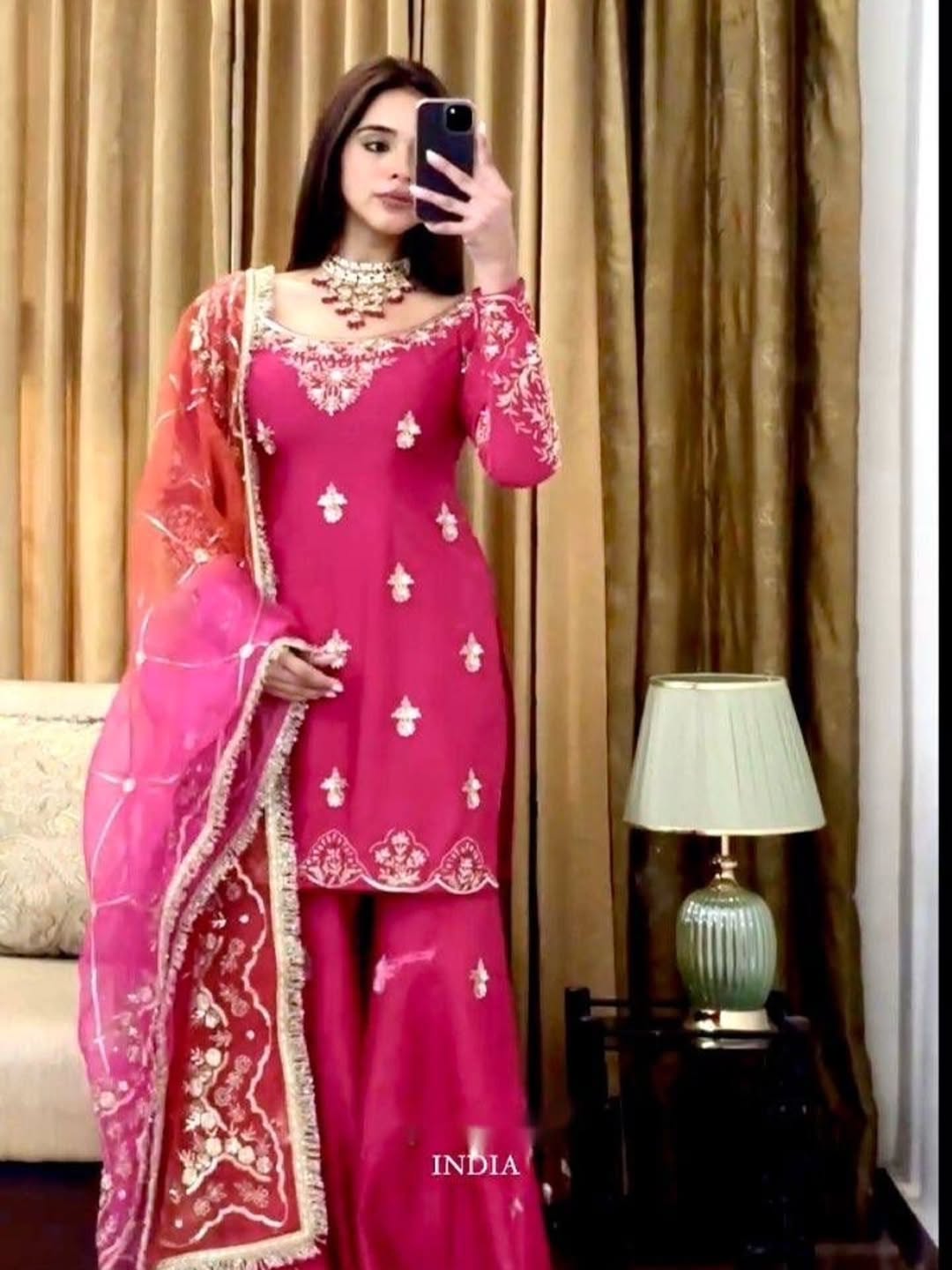 Designer Cinon Silk Top, Sharara & Dupatta Set Designer Cinon Silk Top, Sharara & Dupatta Set