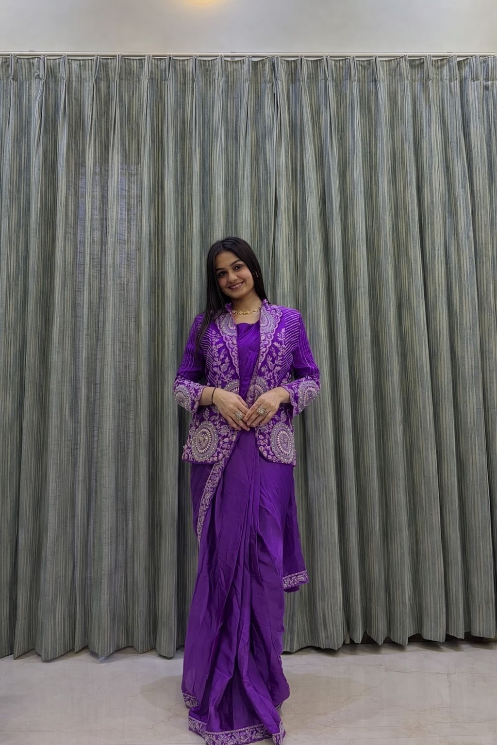 Ready to Wear Embroidery Sequence Saree with Full Koti Jacket Ready to Wear Embroidery Sequence Saree with Full Koti Jacket