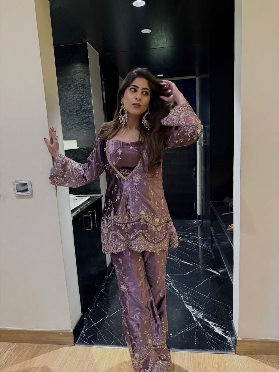 Kurti Blouse-Plazzo Set with Zari & Sequins Embroidery Kurti Blouse-Plazzo Set with Zari & Sequins Embroidery