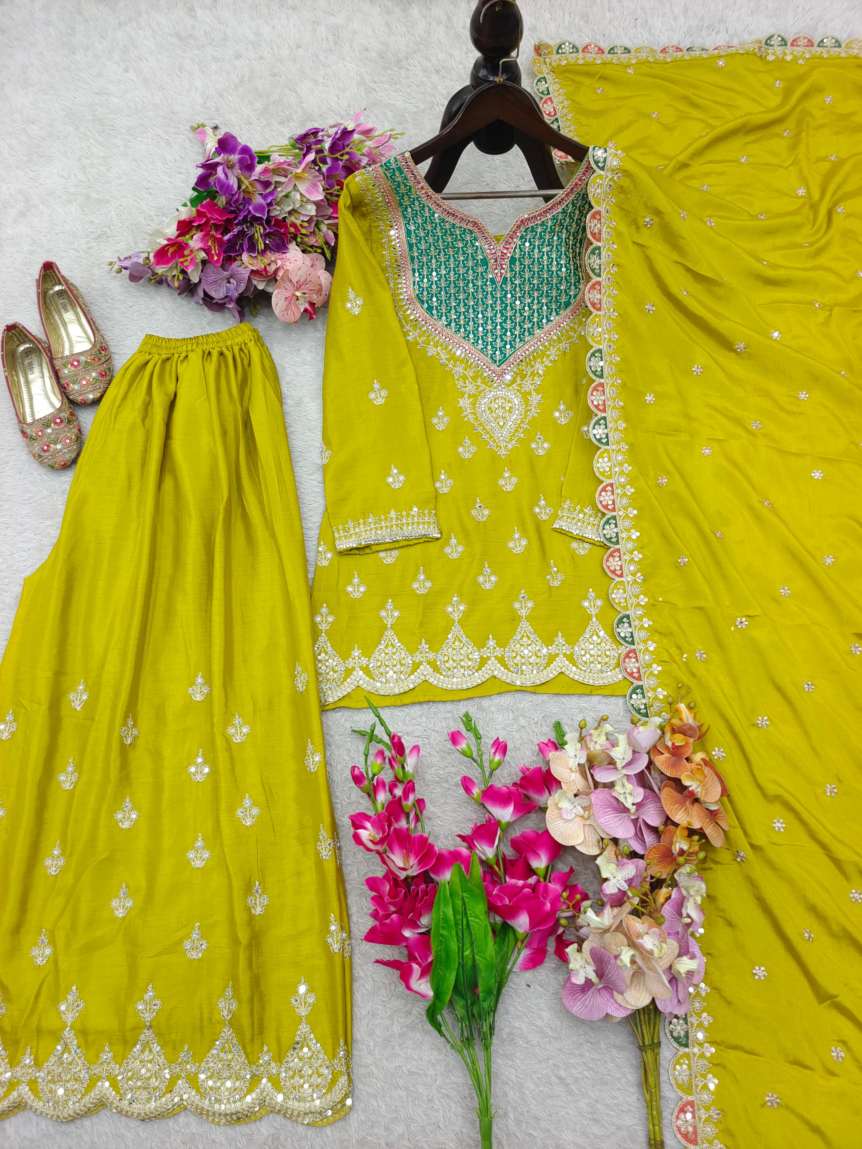 Designer Chinon Silk Party Sharara Suit Set Designer Chinon Silk Party Sharara Suit Set