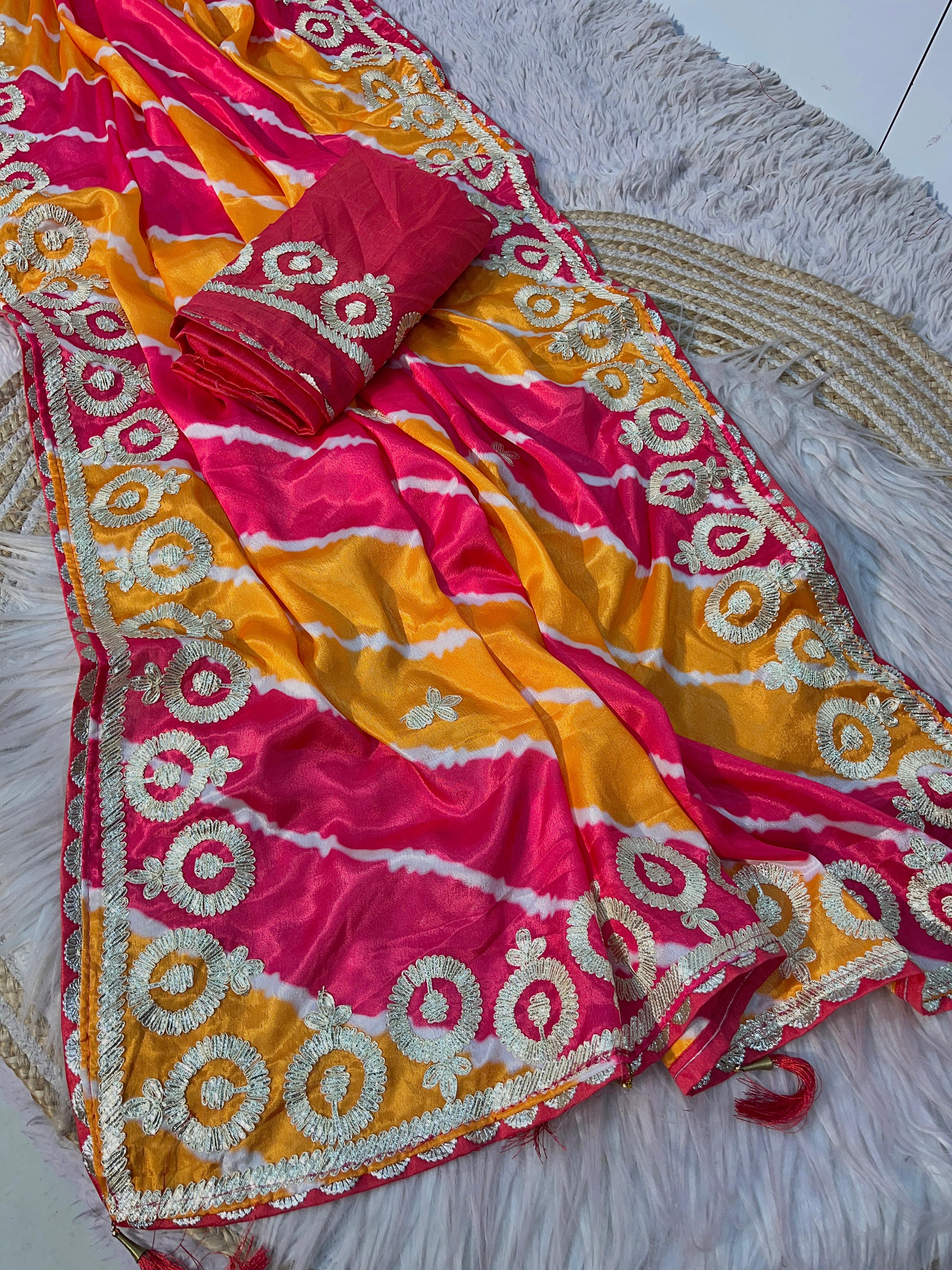 Soft Chinon Silk Lehriya Saree with Gota Work Soft Chinon Silk Lehriya Saree with Gota Work