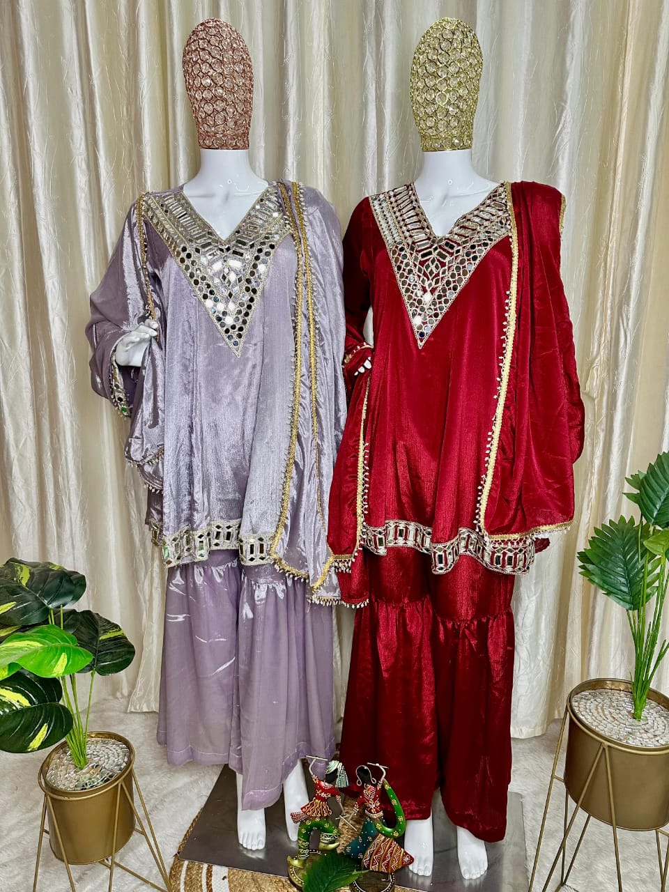 Designer Chinon Silk Peplum Dress with Gharara & Dupatta Designer Chinon Silk Peplum Dress with Gharara & Dupatta