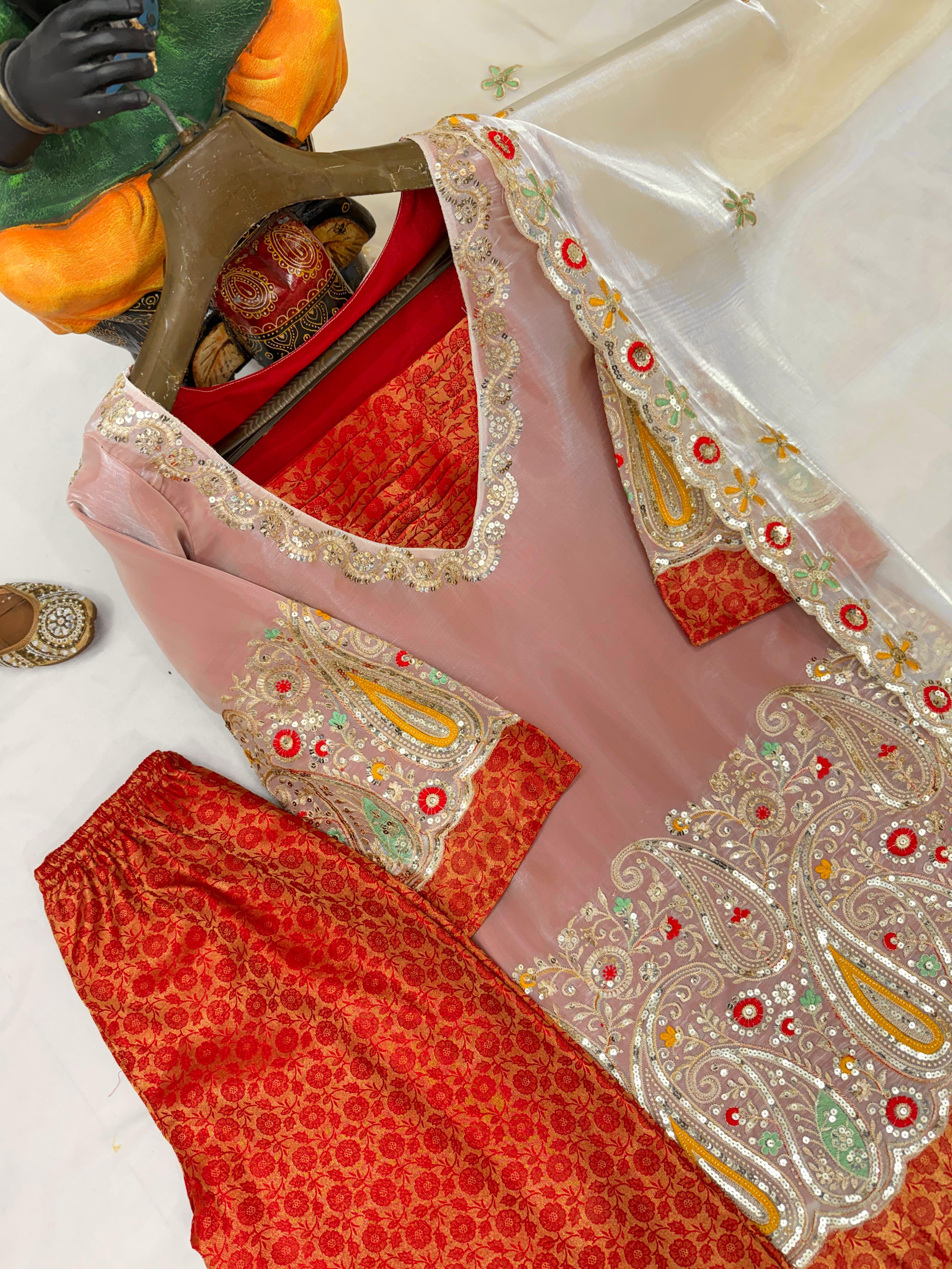 Pure Tissue Kurti Plazzo Set with Embroidered Dupatta Pure Tissue Kurti Plazzo Set with Embroidered Dupatta