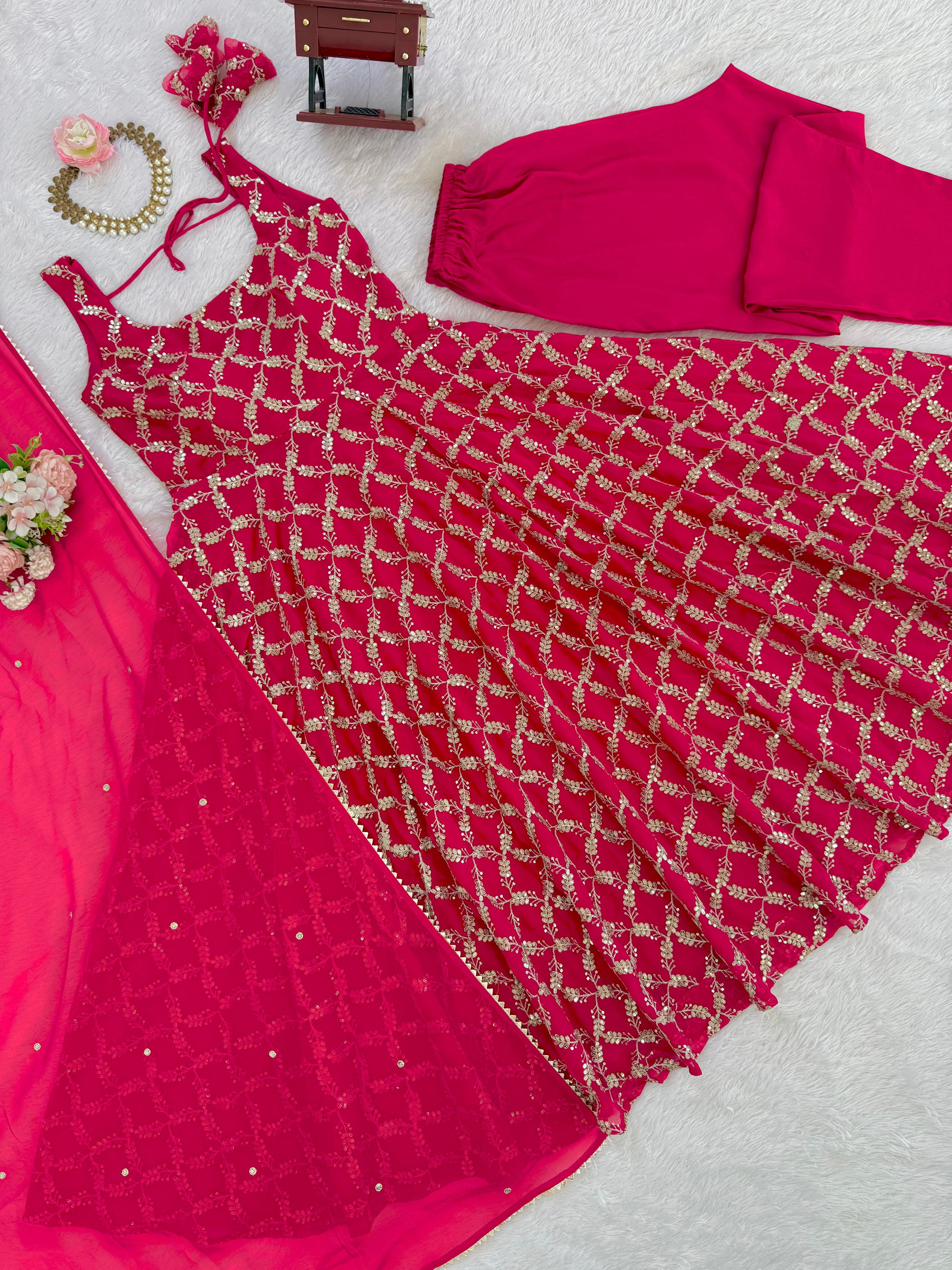 Designer Faux Georgette Anarkali Sharara Set with Dupatta Designer Faux Georgette Anarkali Sharara Set with Dupatta