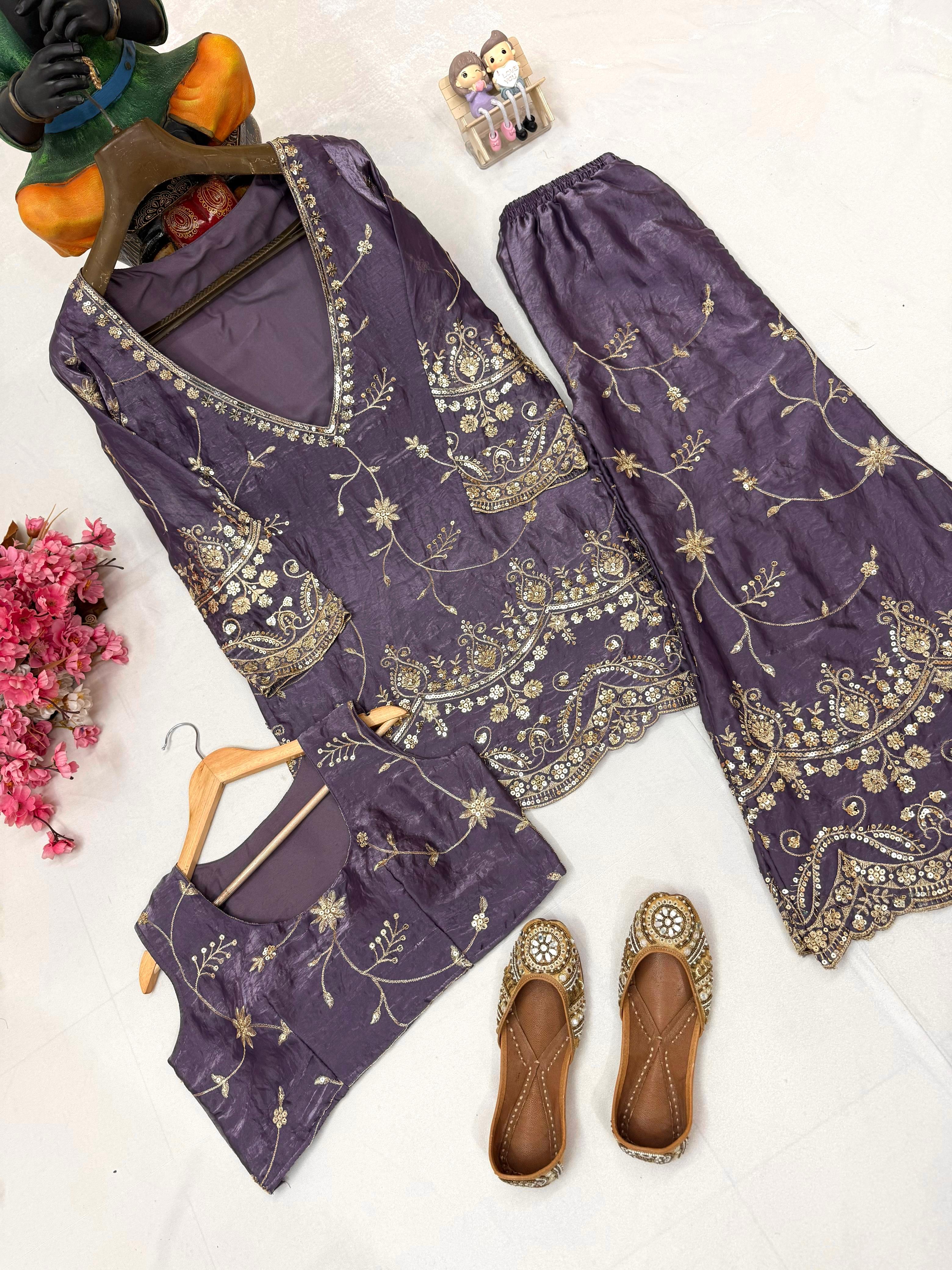 Kurti Blouse-Plazzo Set with Zari & Sequins Embroidery Kurti Blouse-Plazzo Set with Zari & Sequins Embroidery