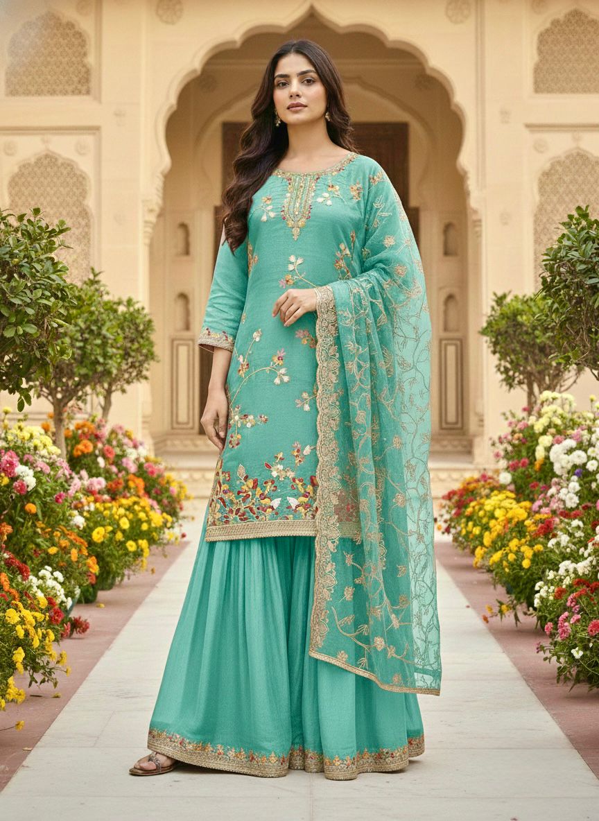 Premium Designer GMY Silk Top Plazzo with Dupatta Set Premium Designer GMY Silk Top Plazzo with Dupatta Set