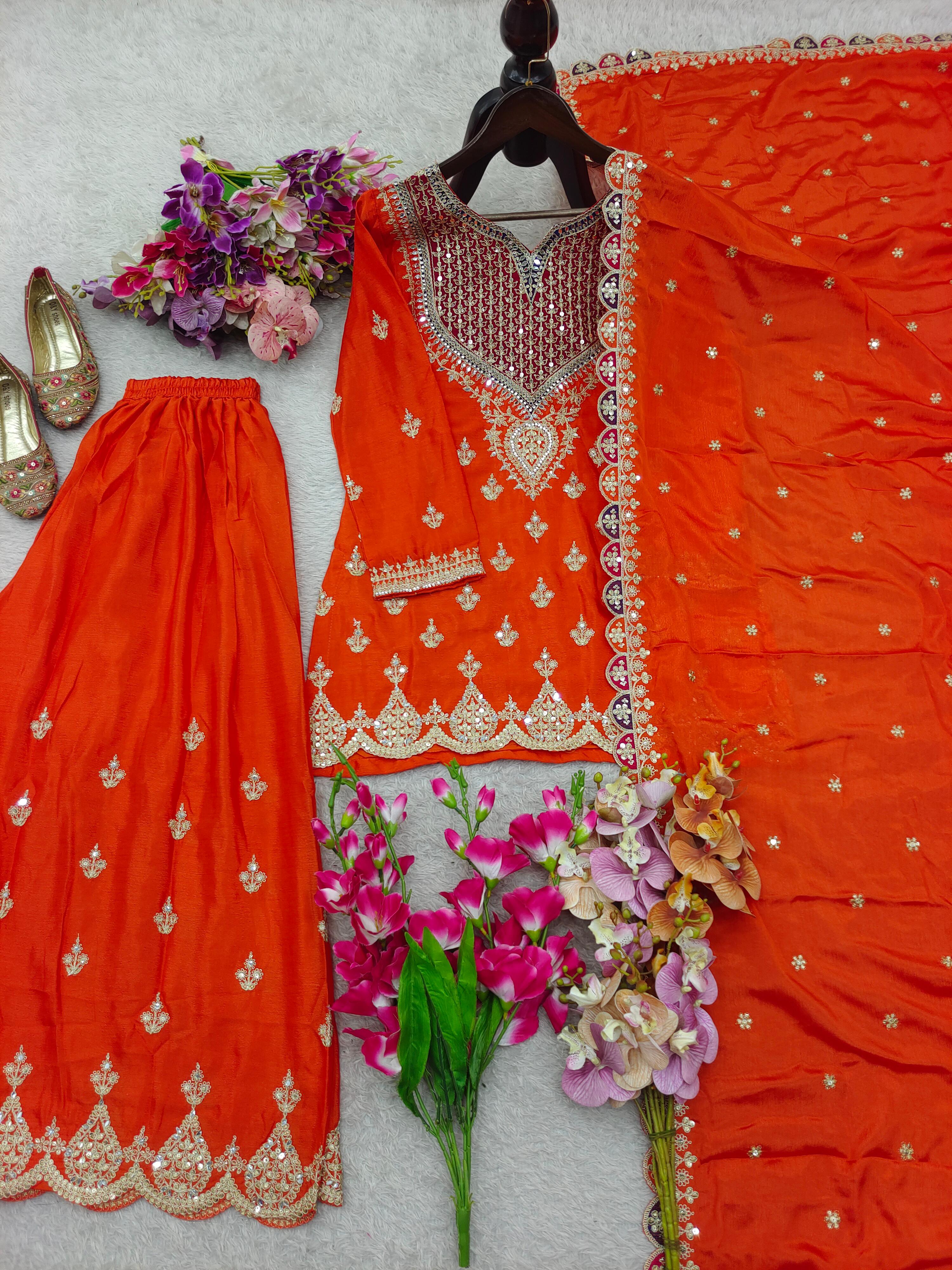 Designer Chinon Silk Party Sharara Suit Set Designer Chinon Silk Party Sharara Suit Set