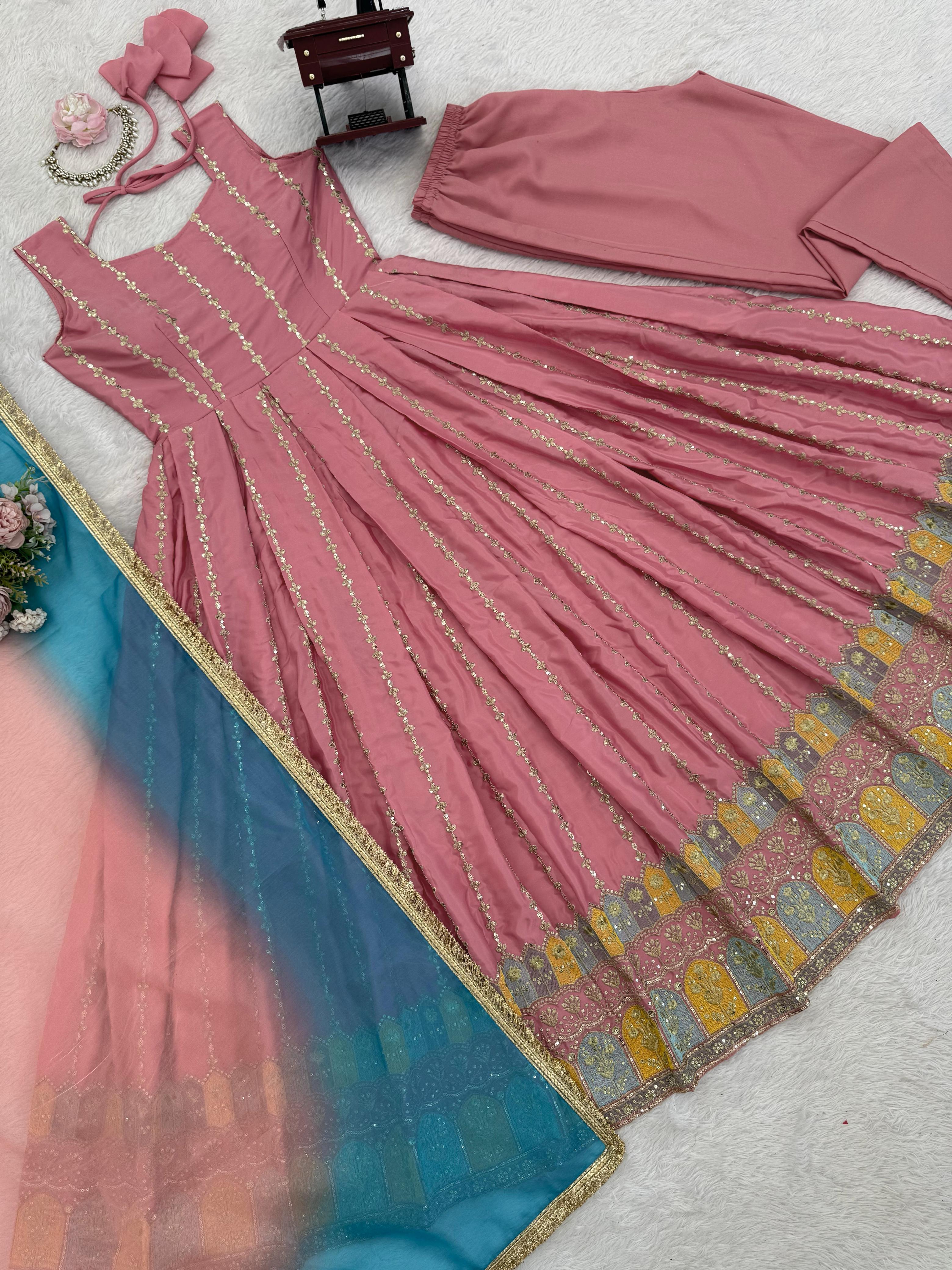 Chinon Silk Anarkali Gown with Organza Dupatta Chinon Silk Anarkali Gown with Organza Dupatta
