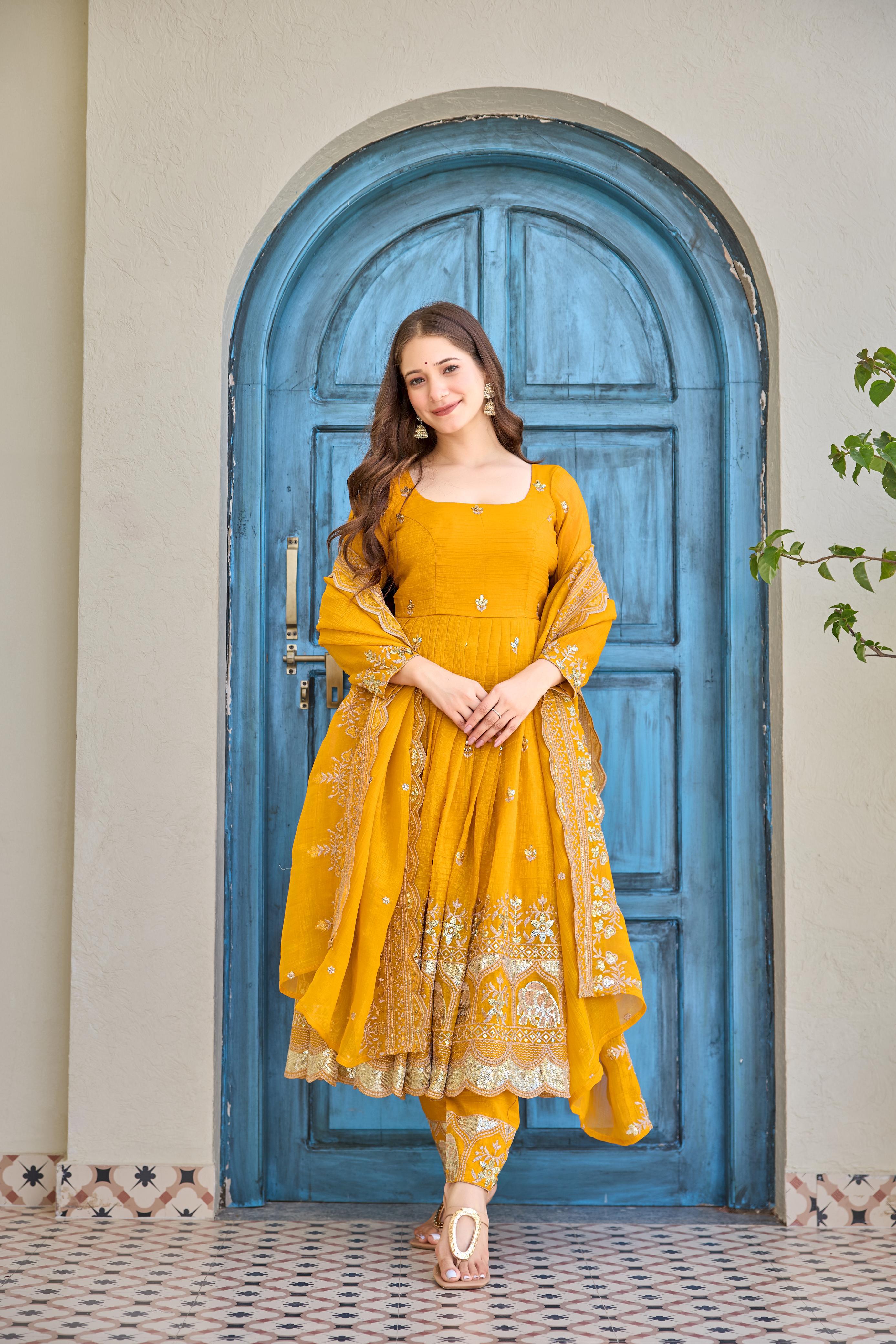 Designer Crunchy Silk Embroidered Anarkali Pant Set Designer Crunchy Silk Embroidered Anarkali Pant Set