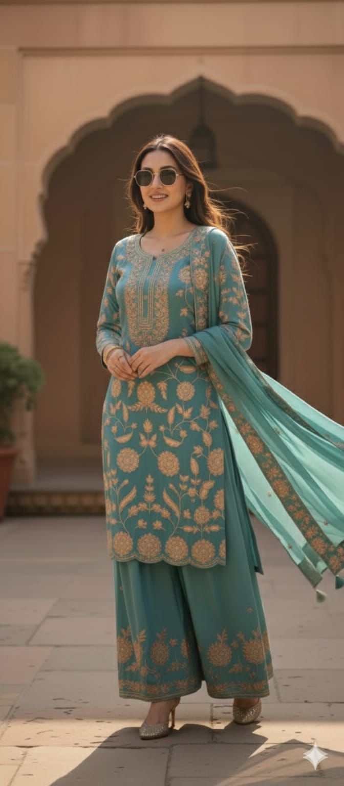 Sequence Embroidered Chinon Top Plazzo Set with Dupatta Sequence Embroidered Chinon Top Plazzo Set with Dupatta