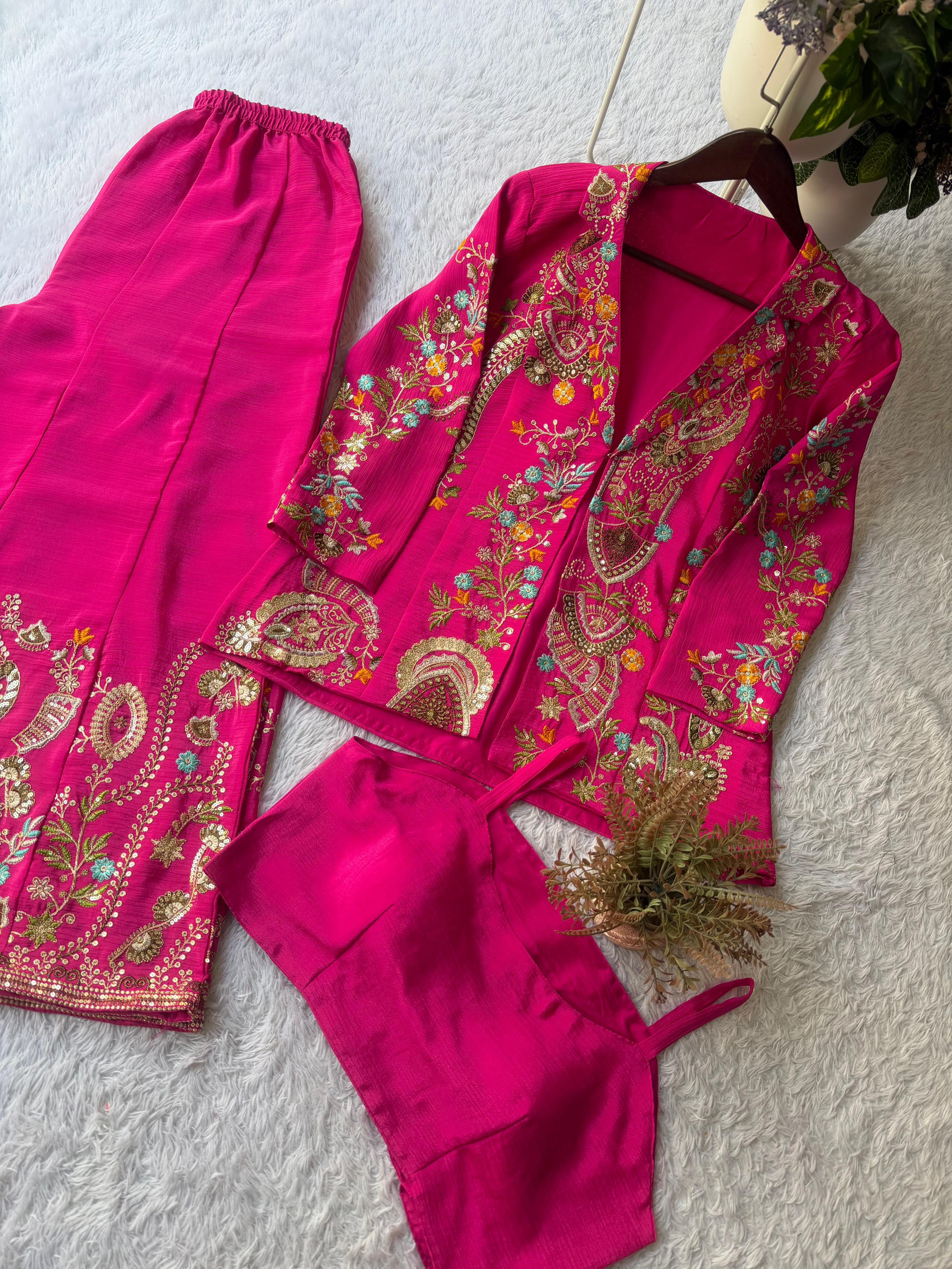 Designer Chinon 3-Piece Plazzo Set with Sequence Embroidery Designer Chinon 3-Piece Plazzo Set with Sequence Embroidery