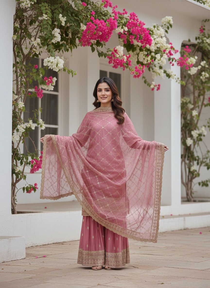 Ready-to-Wear Fancy Embroidered Top-Plazzo Set with Dupatta Ready-to-Wear Fancy Embroidered Top-Plazzo Set with Dupatta