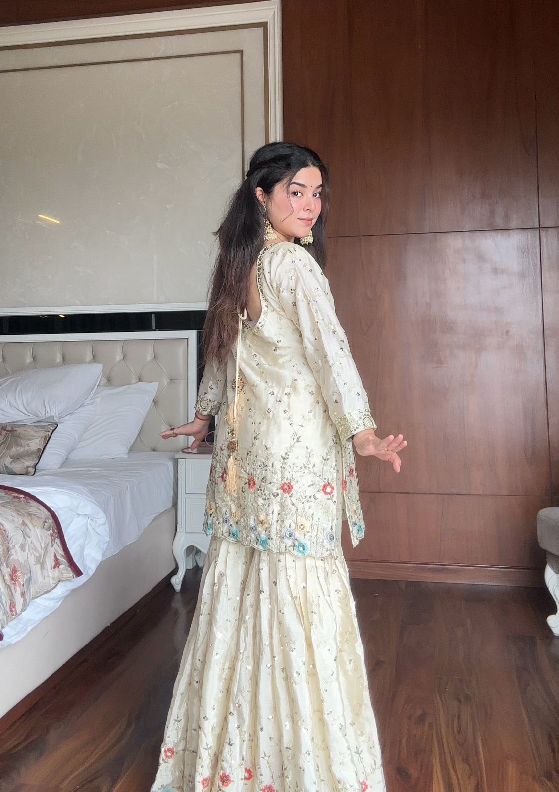 Ivory Chinon Embroidered Sharara Set with Dupatta Ivory Chinon Embroidered Sharara Set with Dupatta