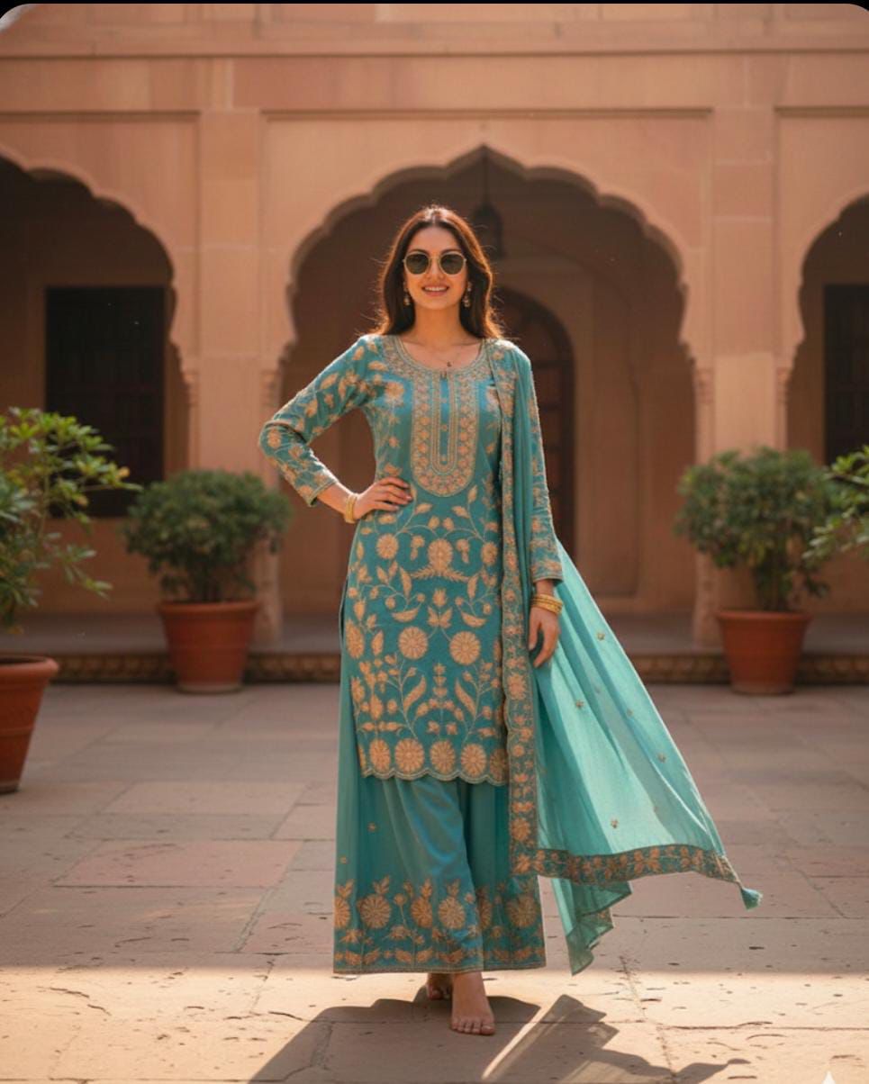 Sequence Embroidered Chinon Top Plazzo Set with Dupatta Sequence Embroidered Chinon Top Plazzo Set with Dupatta