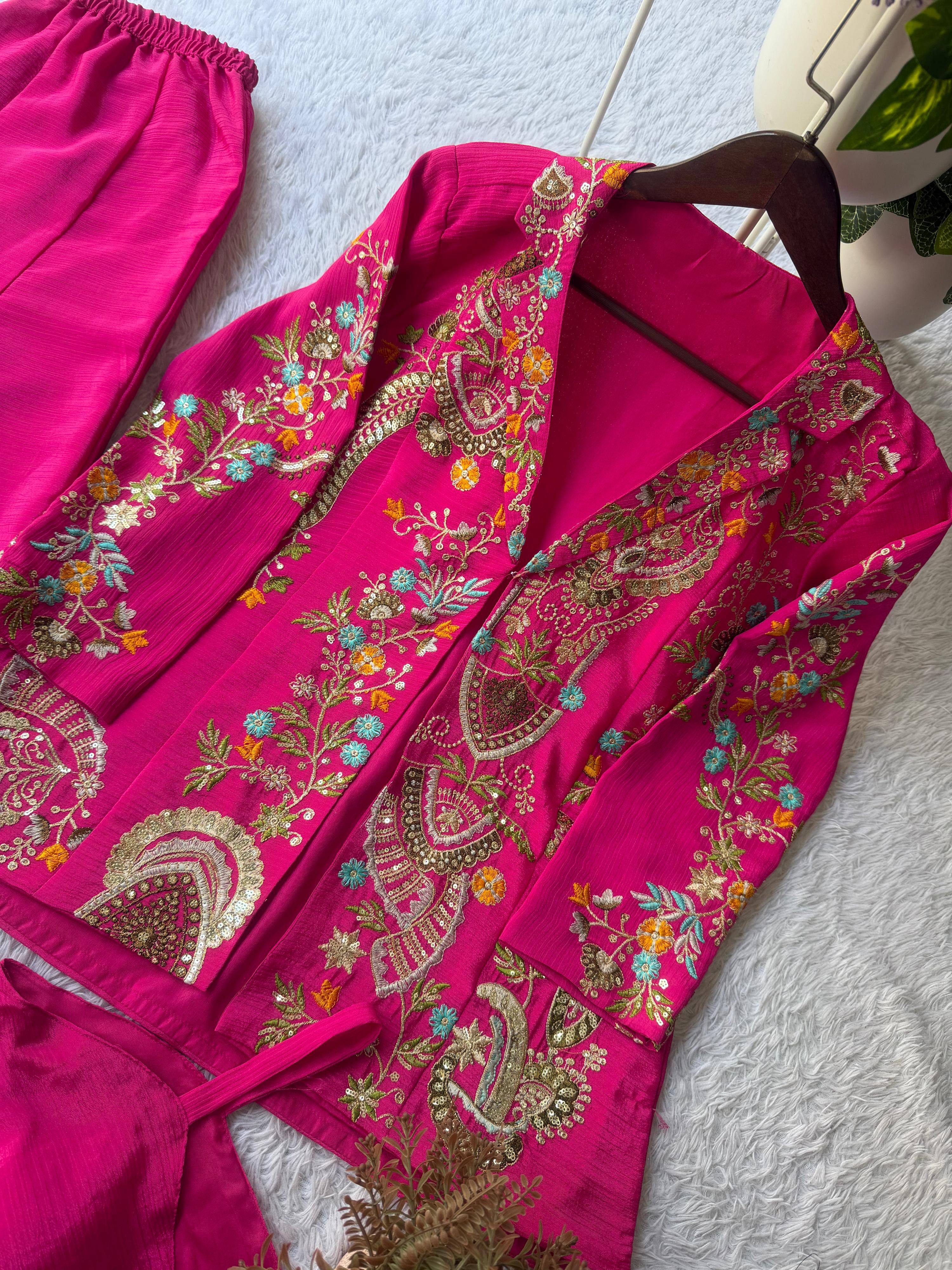 Designer Chinon 3-Piece Plazzo Set with Sequence Embroidery Designer Chinon 3-Piece Plazzo Set with Sequence Embroidery