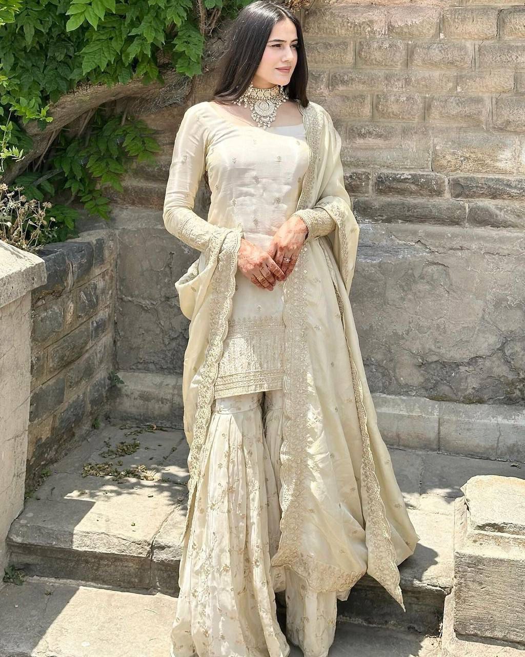 Pure Chinnon Embroidered Top Gharara Dupatta Set Pure Chinnon Embroidered Top Gharara Dupatta Set