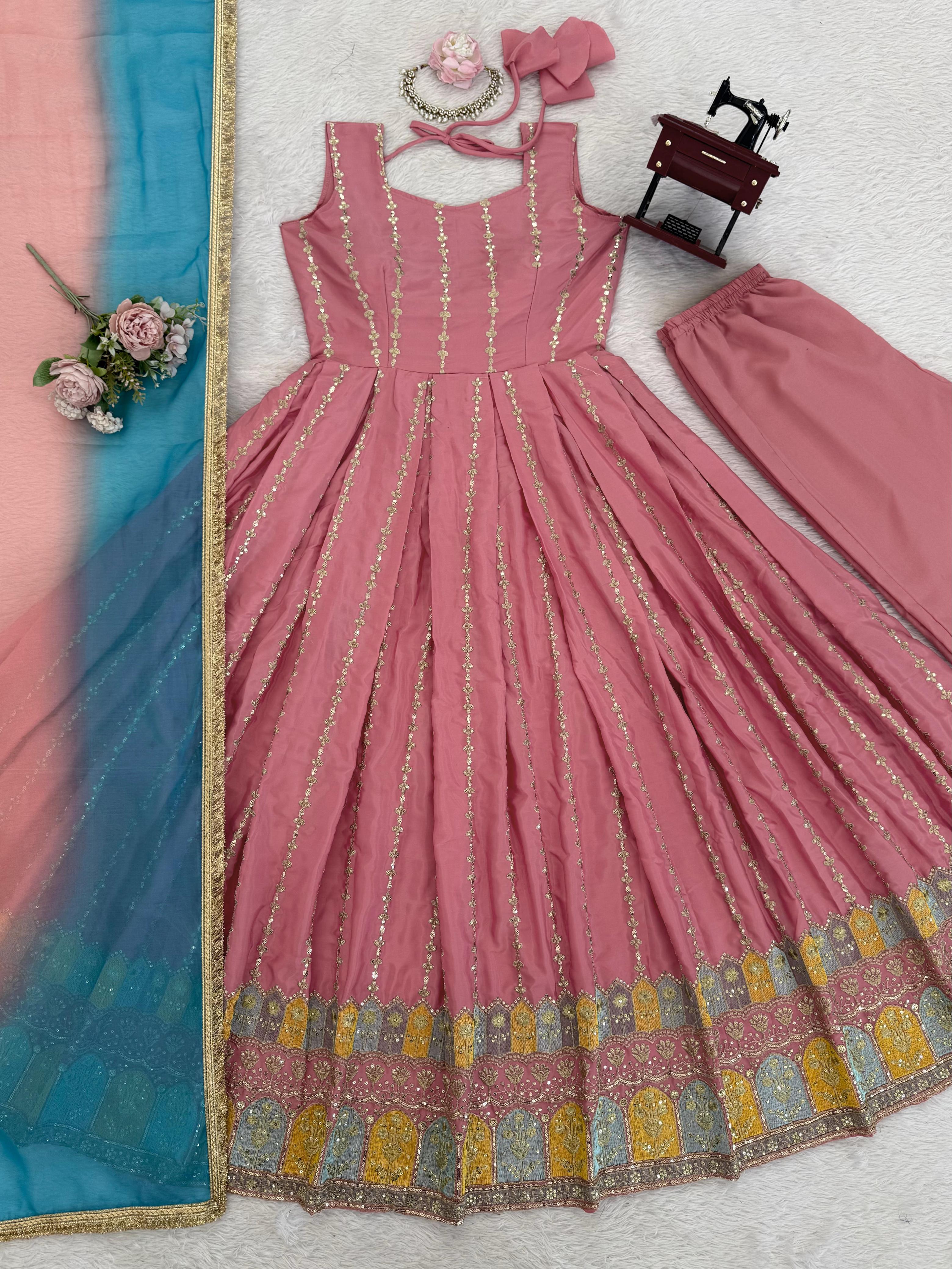 Chinon Silk Anarkali Gown with Organza Dupatta Chinon Silk Anarkali Gown with Organza Dupatta