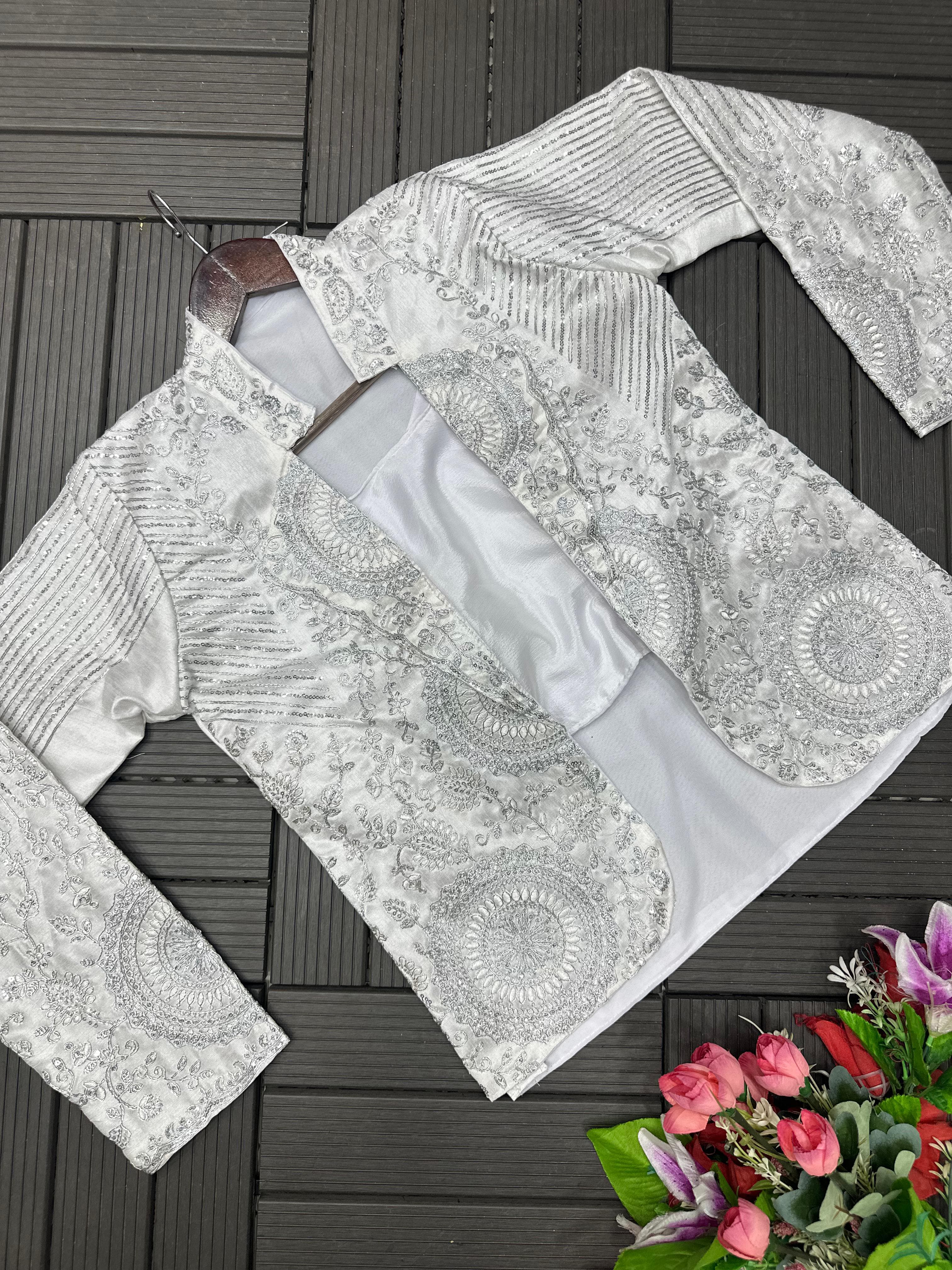 Ready to Wear Embroidery Sequence Saree with Full Koti Jacket Ready to Wear Embroidery Sequence Saree with Full Koti Jacket