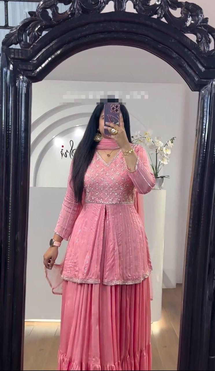 Embroidered Chinon Crop Top Lehenga Set Embroidered Chinon Crop Top Lehenga Set