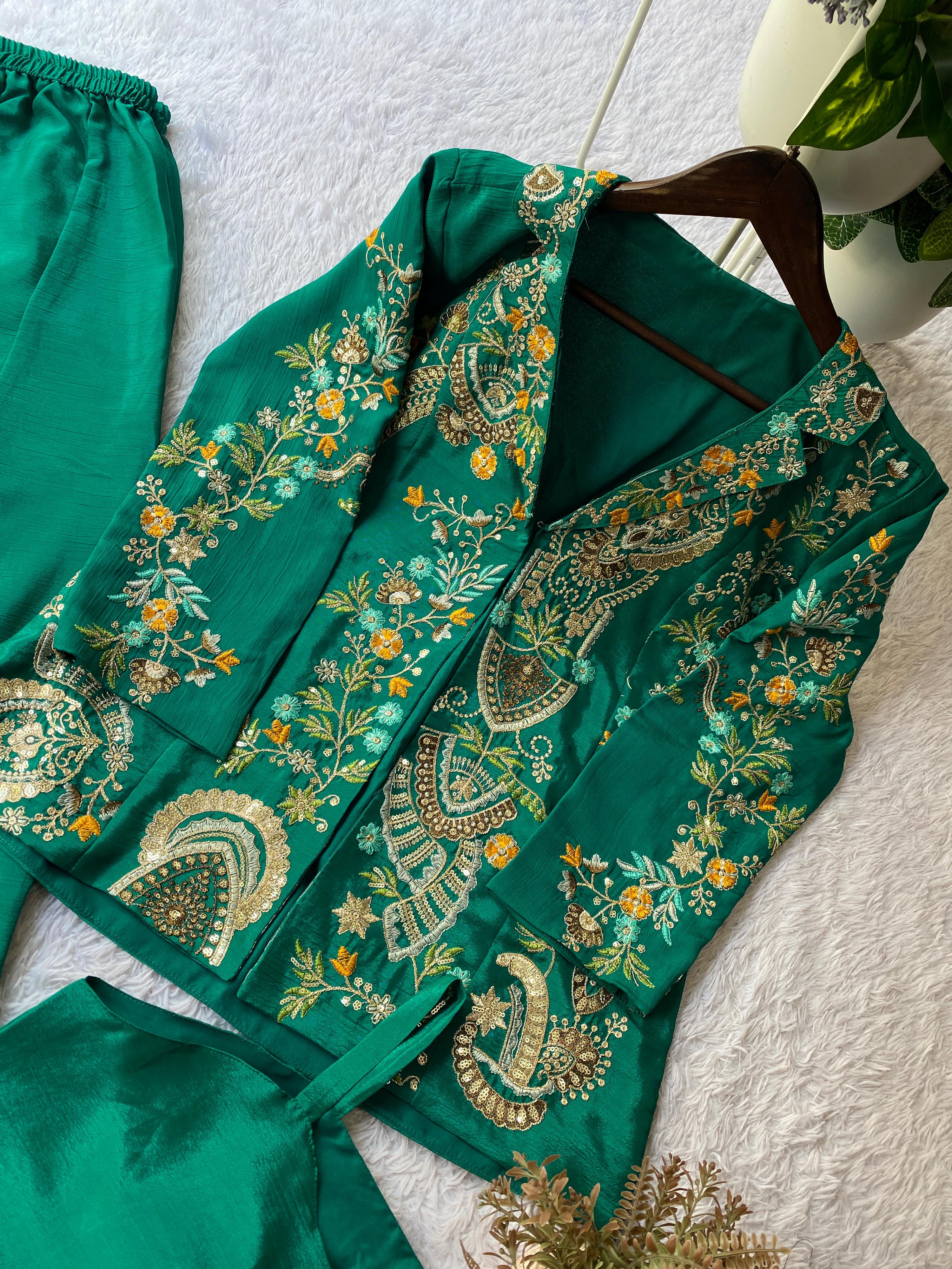 Designer Chinon 3-Piece Plazzo Set with Sequence Embroidery Designer Chinon 3-Piece Plazzo Set with Sequence Embroidery