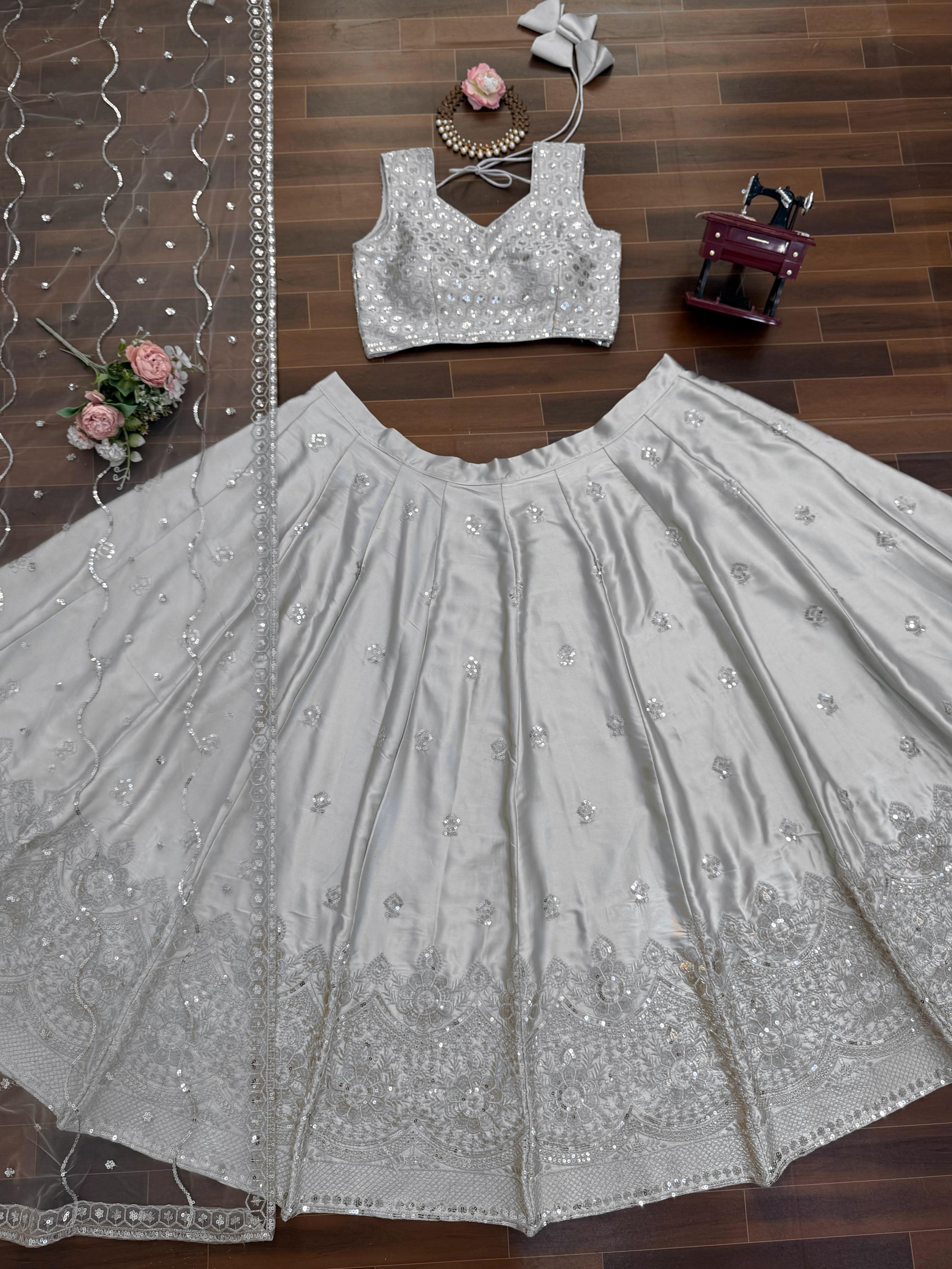 Designer Japan Satin Embroidered Lehenga Choli Set Designer Japan Satin Embroidered Lehenga Choli Set