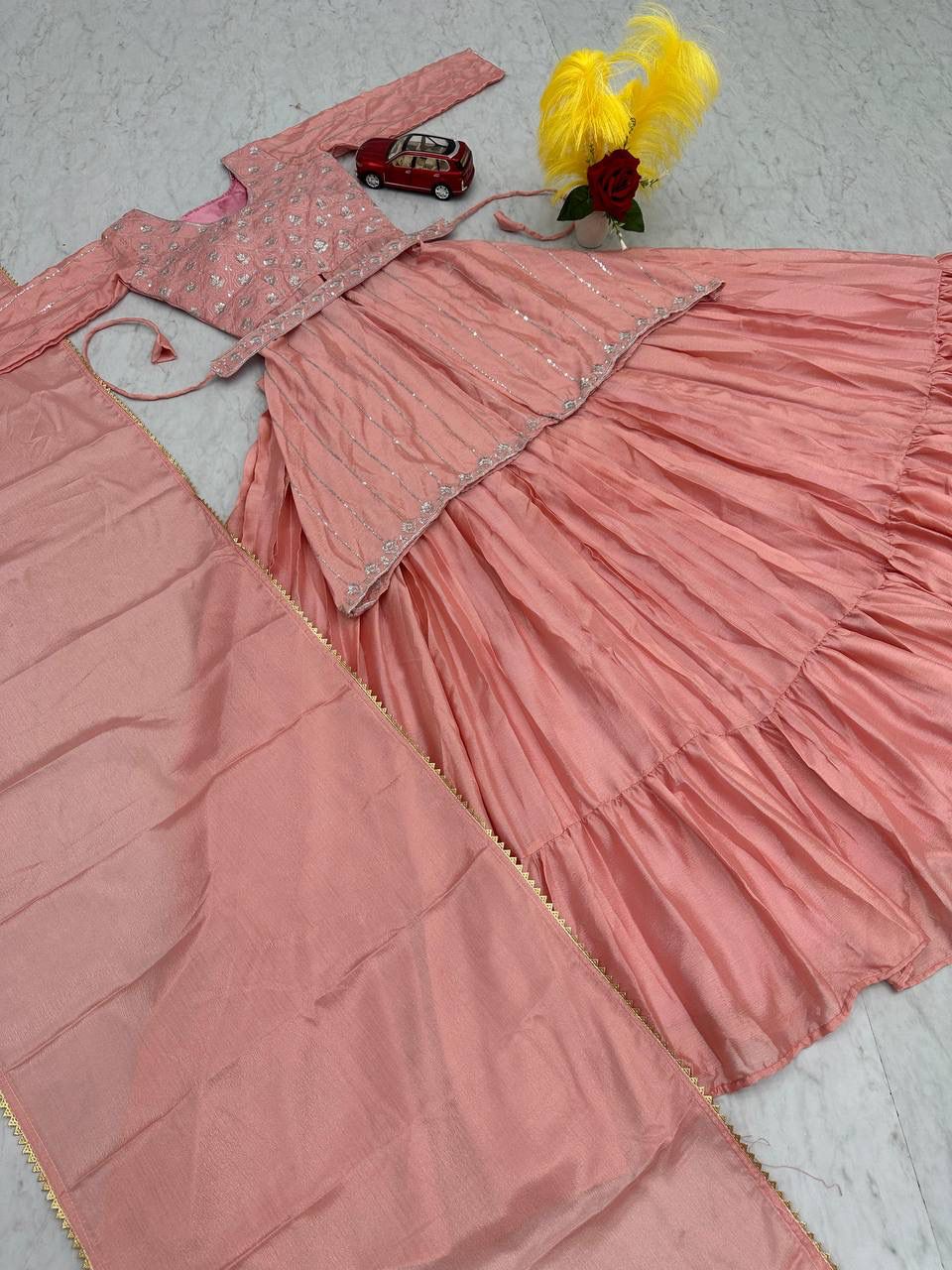 Embroidered Chinon Crop Top Lehenga Set Embroidered Chinon Crop Top Lehenga Set