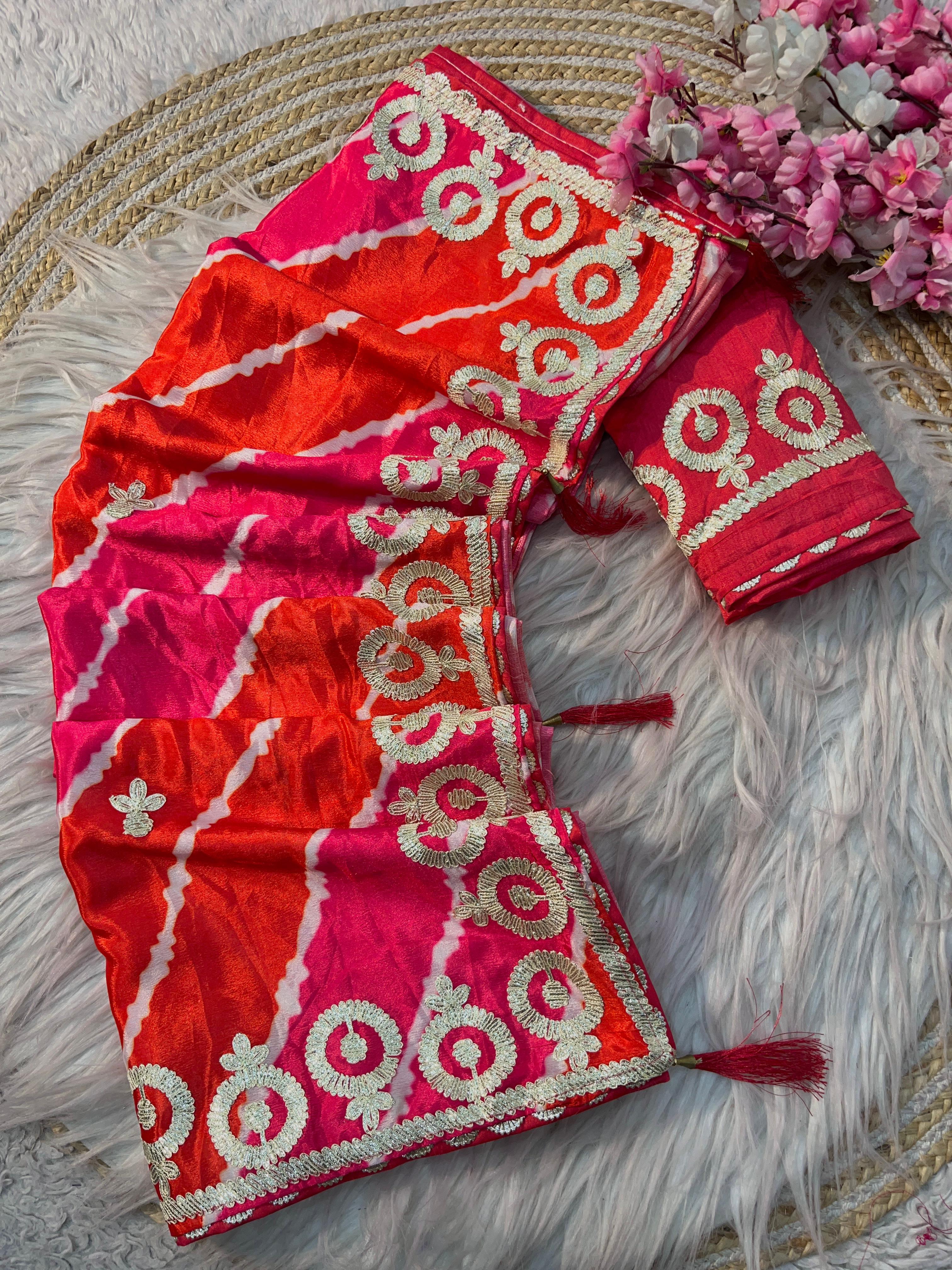 Soft Chinon Silk Lehriya Saree with Gota Work Soft Chinon Silk Lehriya Saree with Gota Work